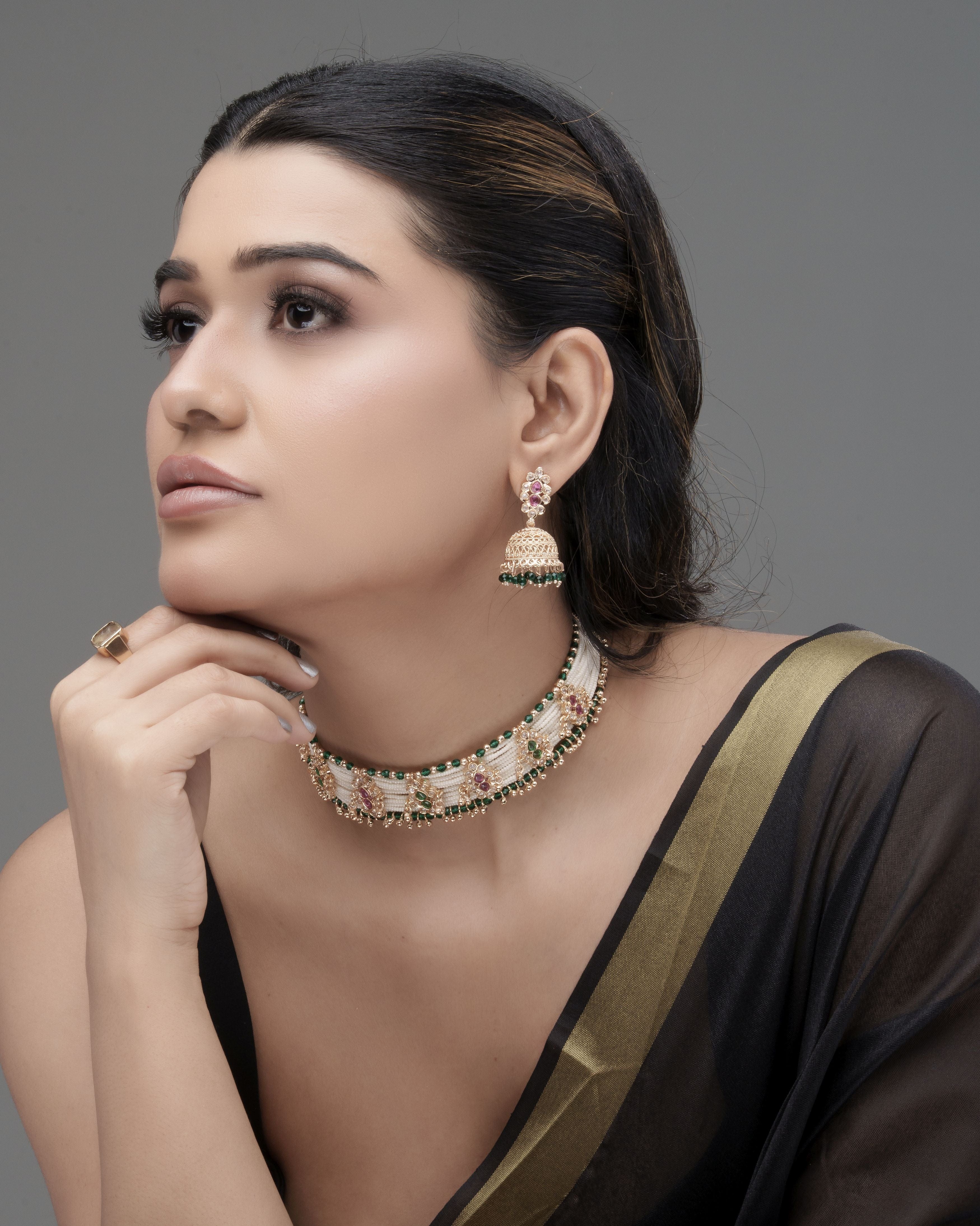 Pirohi Multi Strand Seed Bead Choker & Floral Jhumka Earrings Set