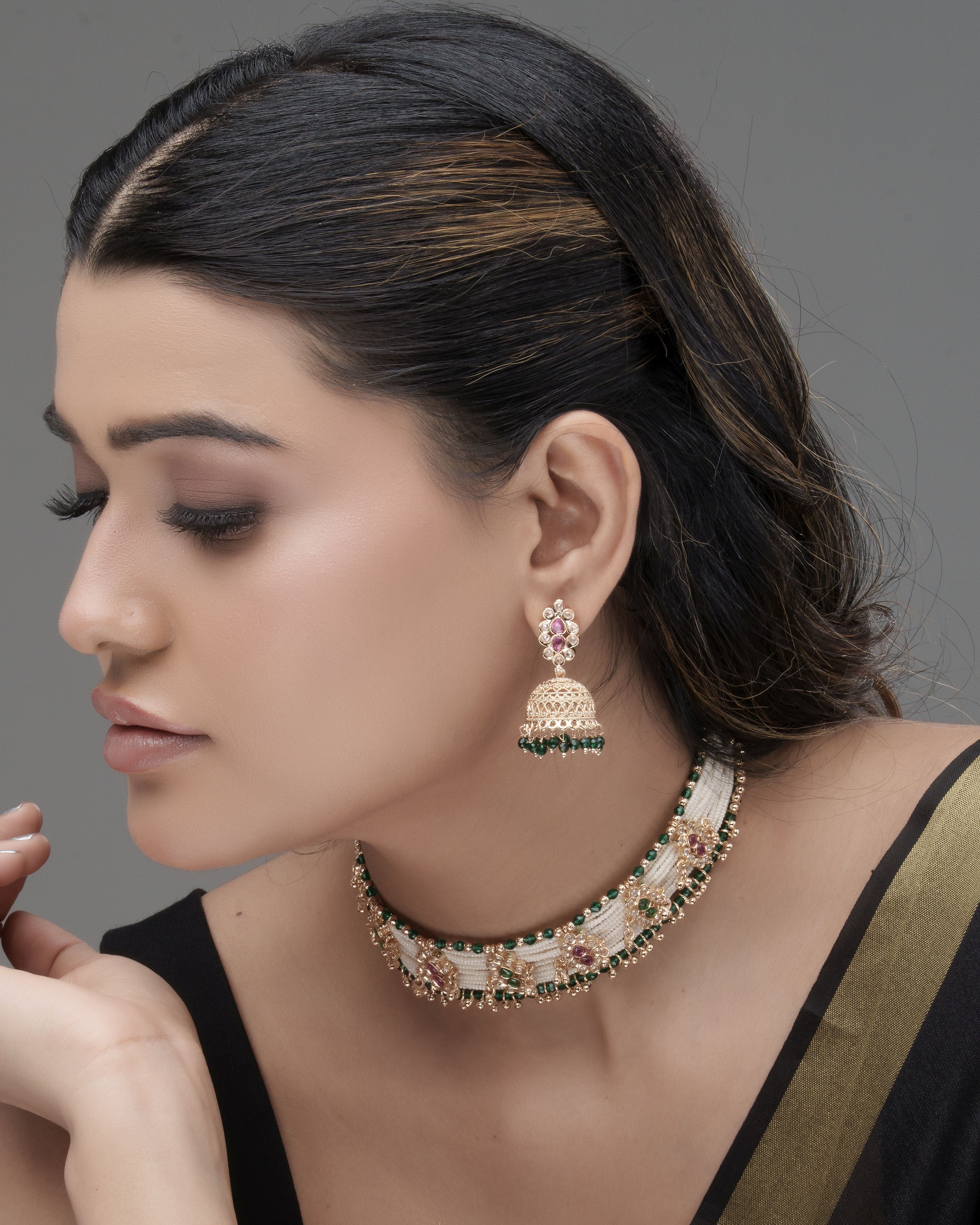 Pirohi Multi Strand Seed Bead Choker & Floral Jhumka Earrings Set