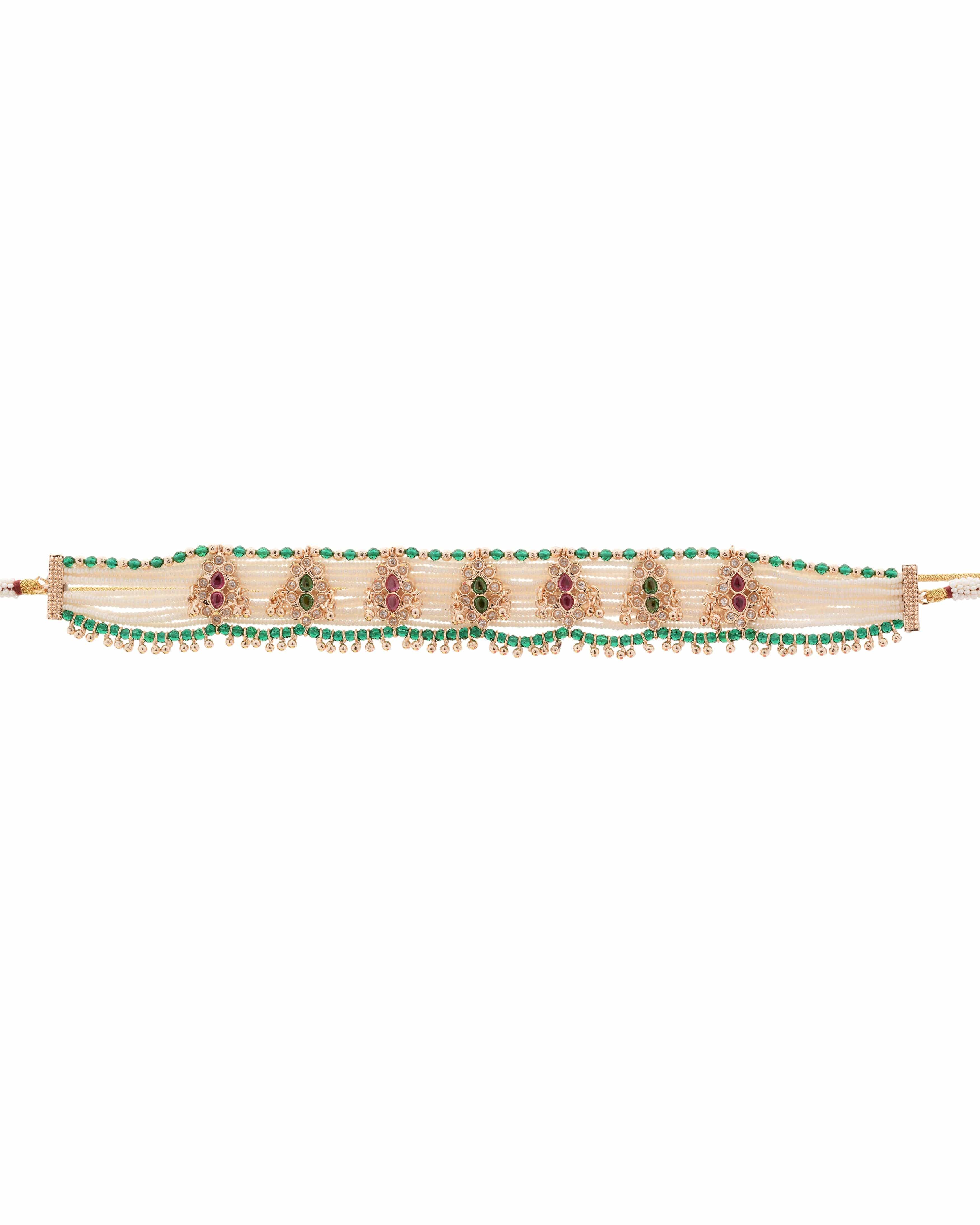 Pirohi Multi Strand Seed Bead Choker & Floral Jhumka Earrings Set