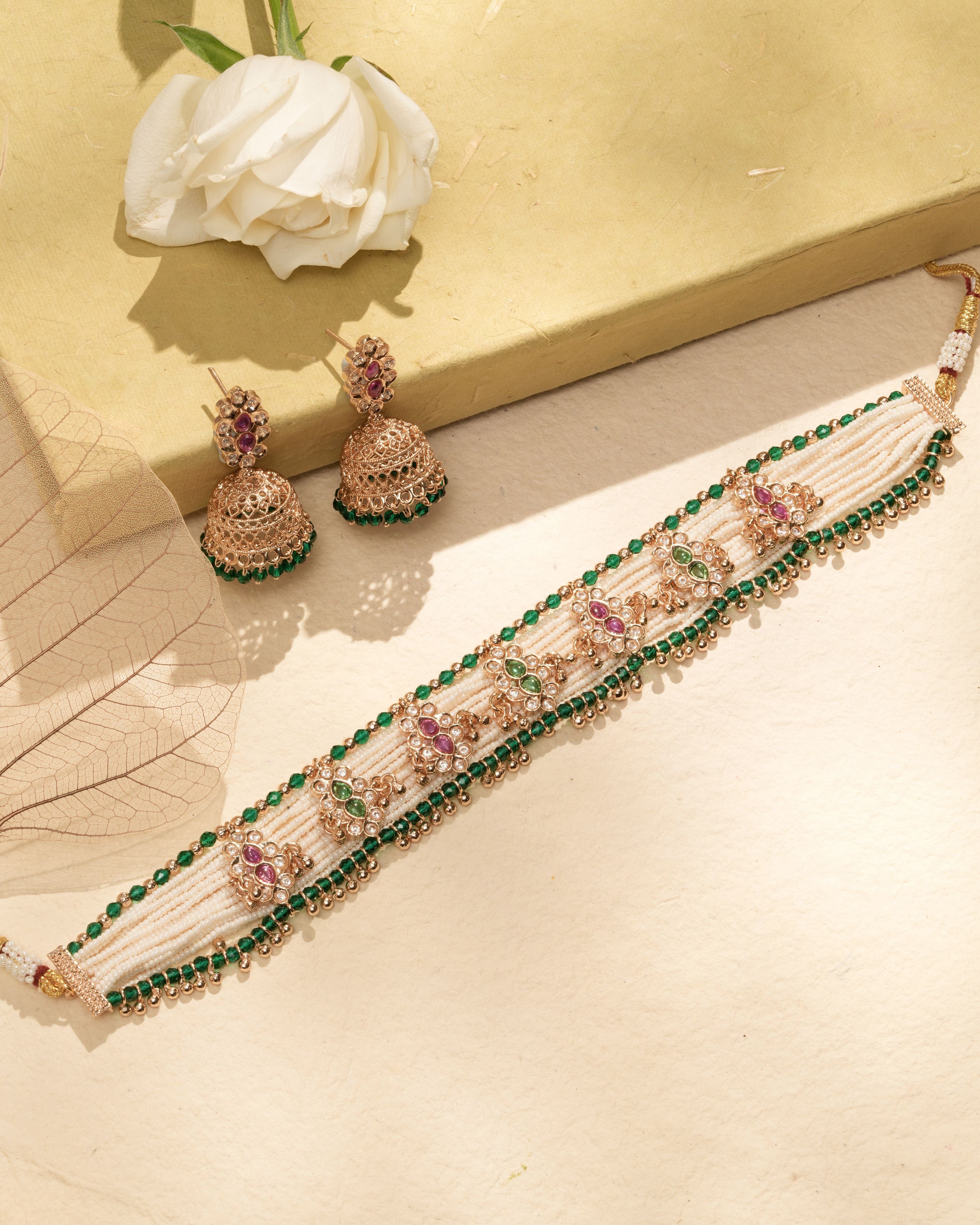 Pirohi Multi Strand Seed Bead Choker & Floral Jhumka Earrings Set