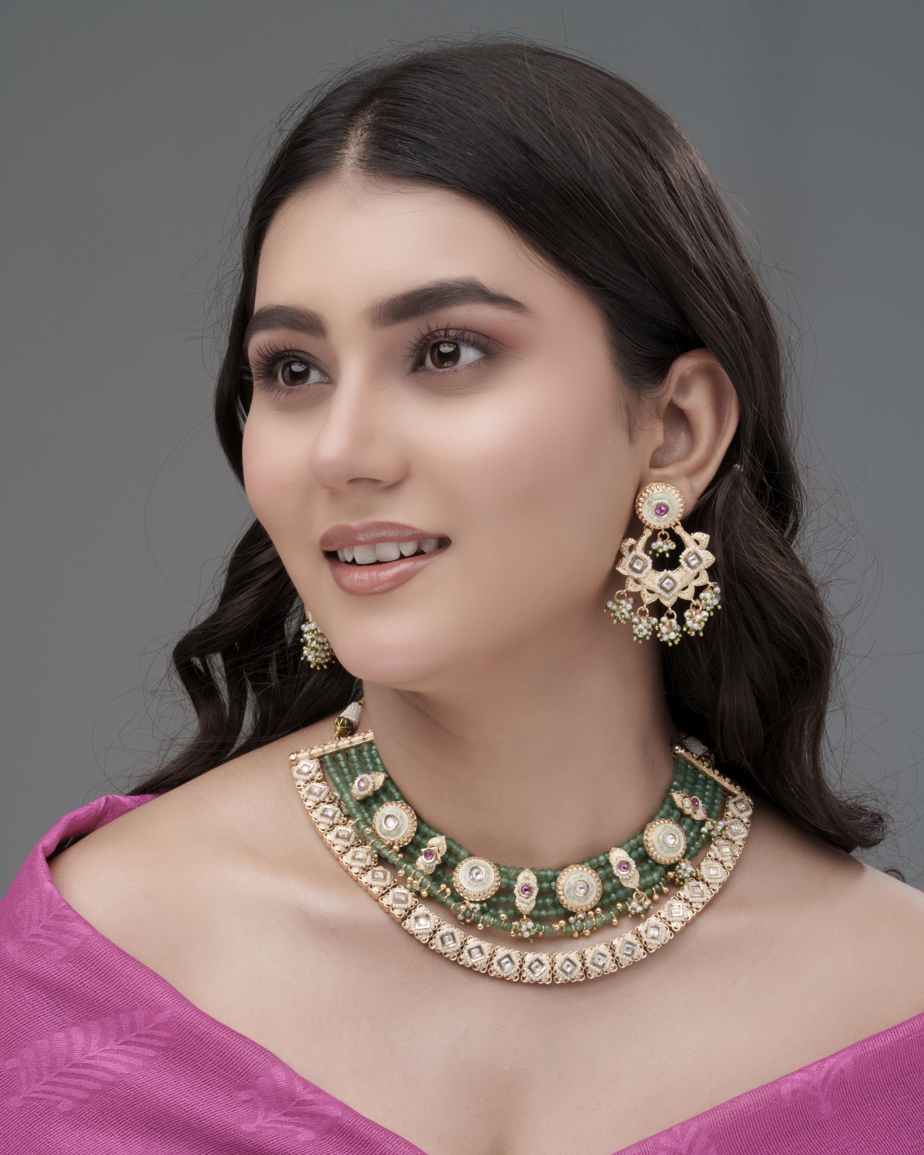 Heritage Kundan ( Meenakari) & Emerald Beaded Choker with Jhumka Earrings