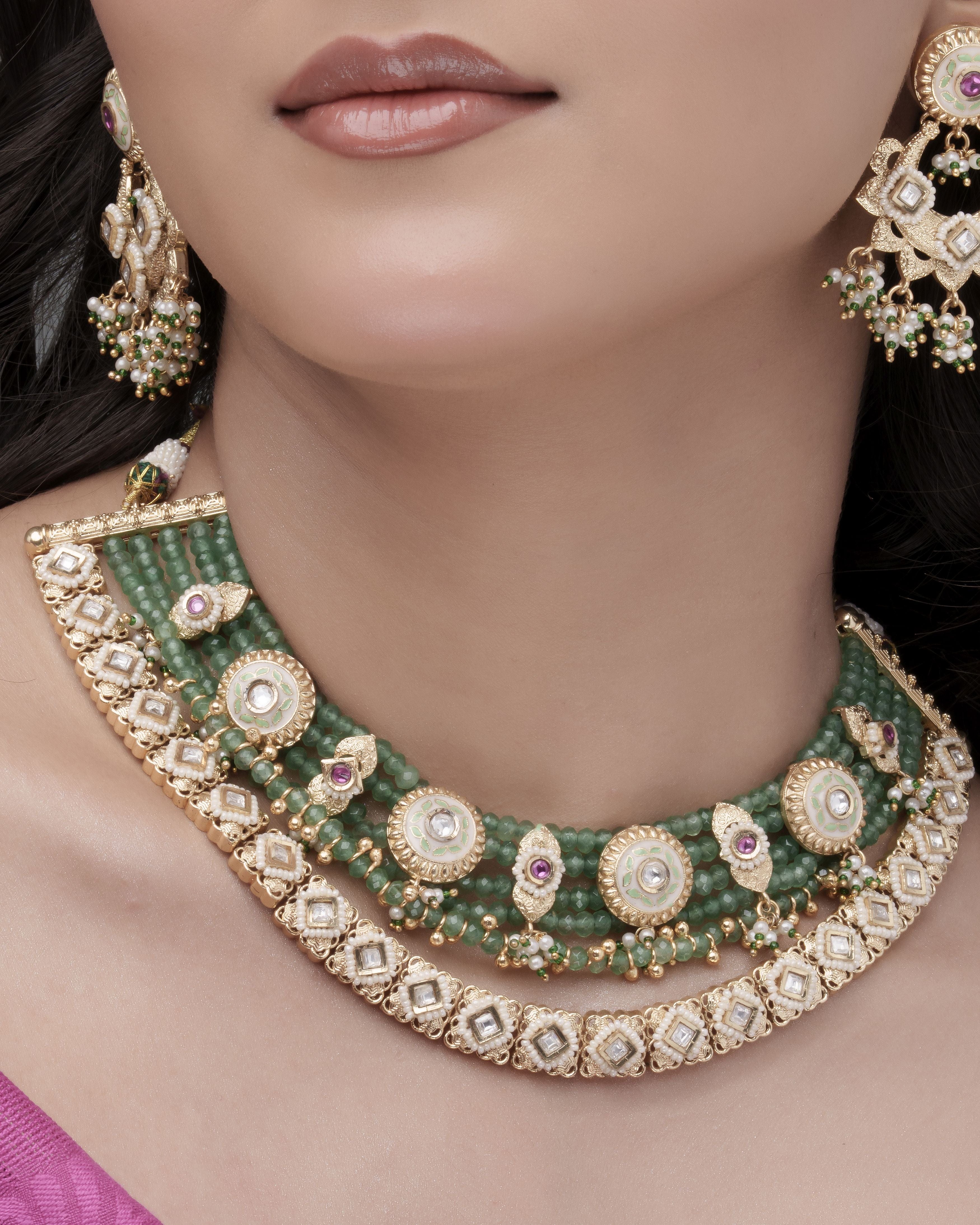 Heritage Kundan ( Meenakari) & Emerald Beaded Choker with Jhumka Earrings