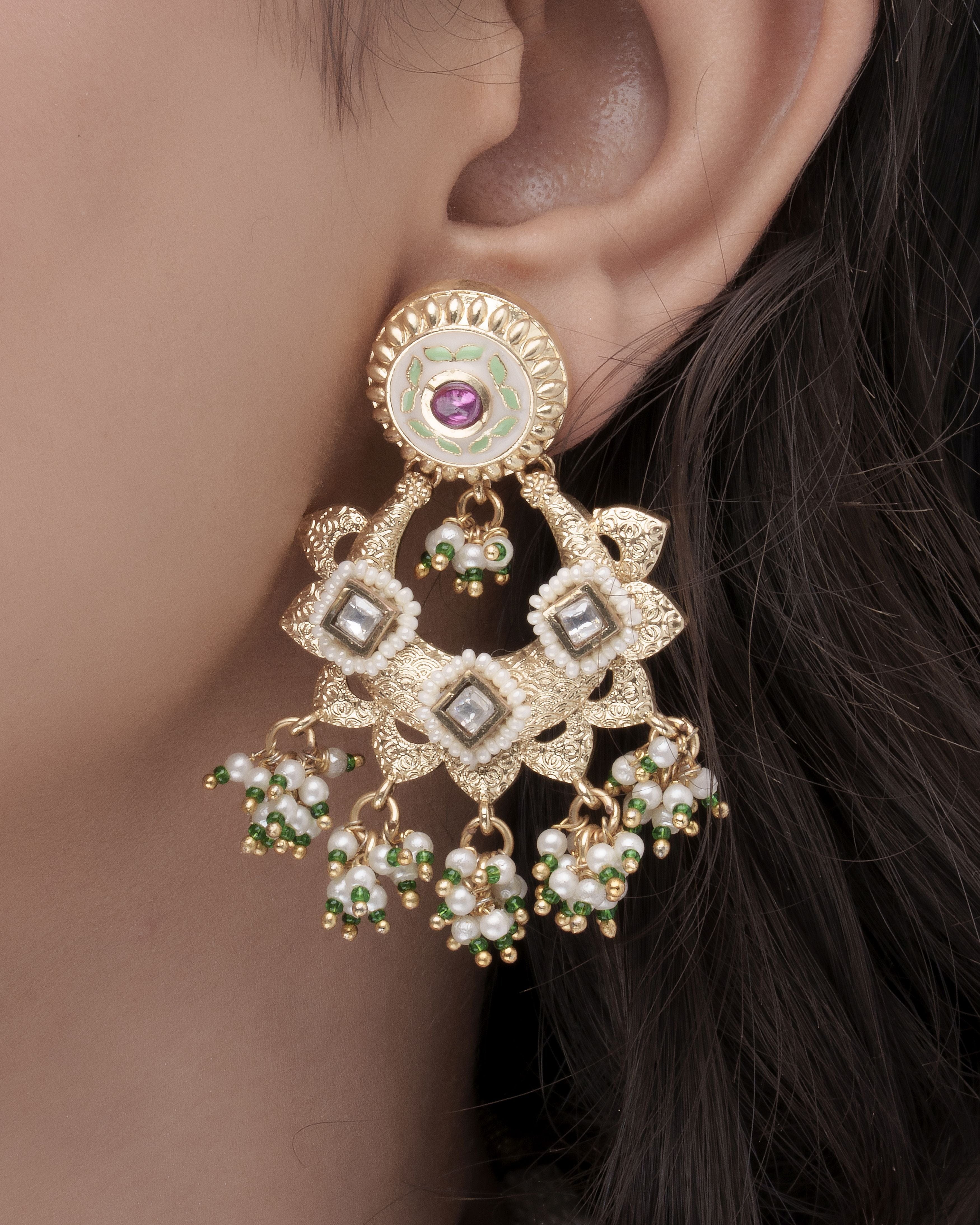 Heritage Kundan ( Meenakari) & Emerald Beaded Choker with Jhumka Earrings