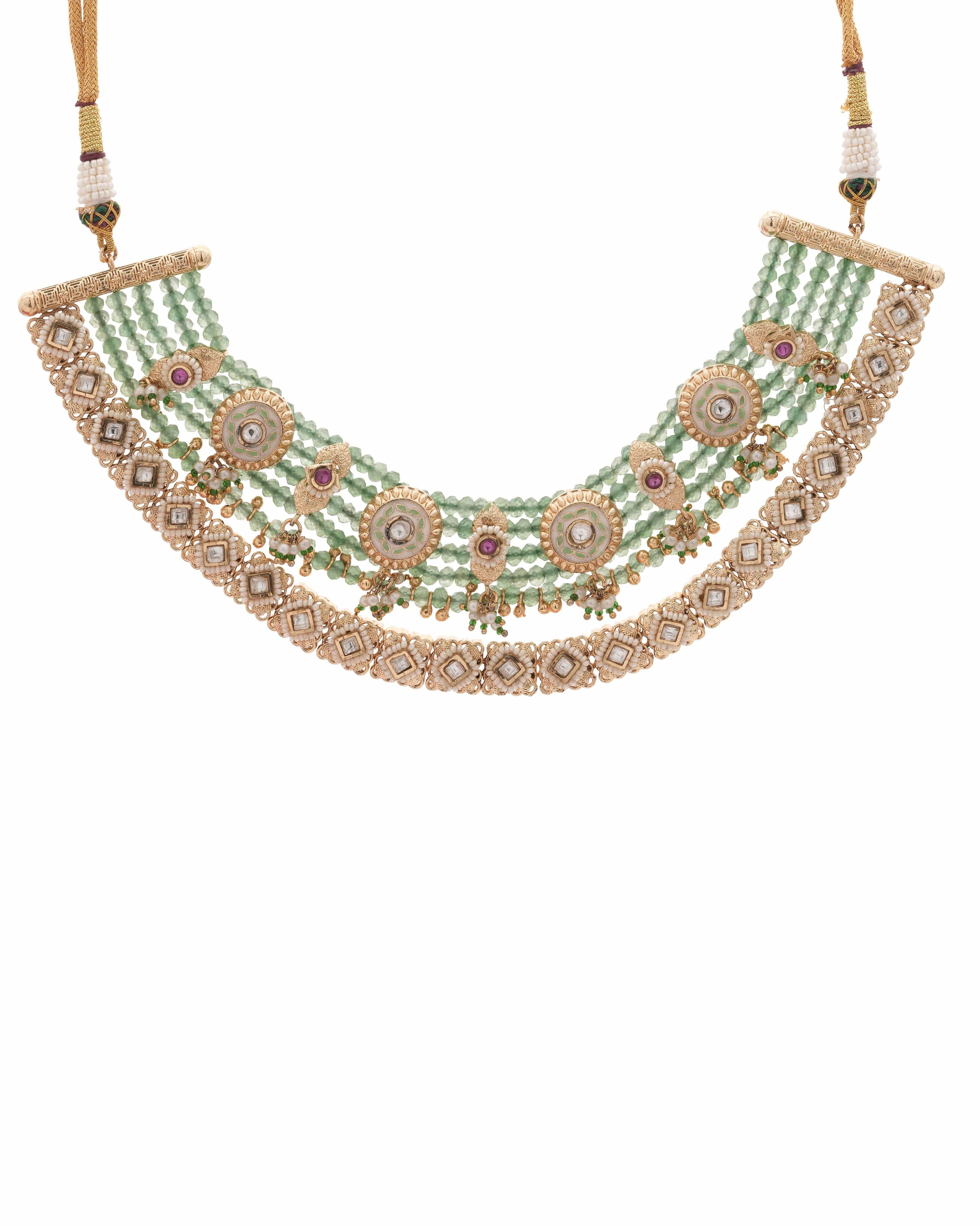 Heritage Kundan ( Meenakari) & Emerald Beaded Choker with Jhumka Earrings
