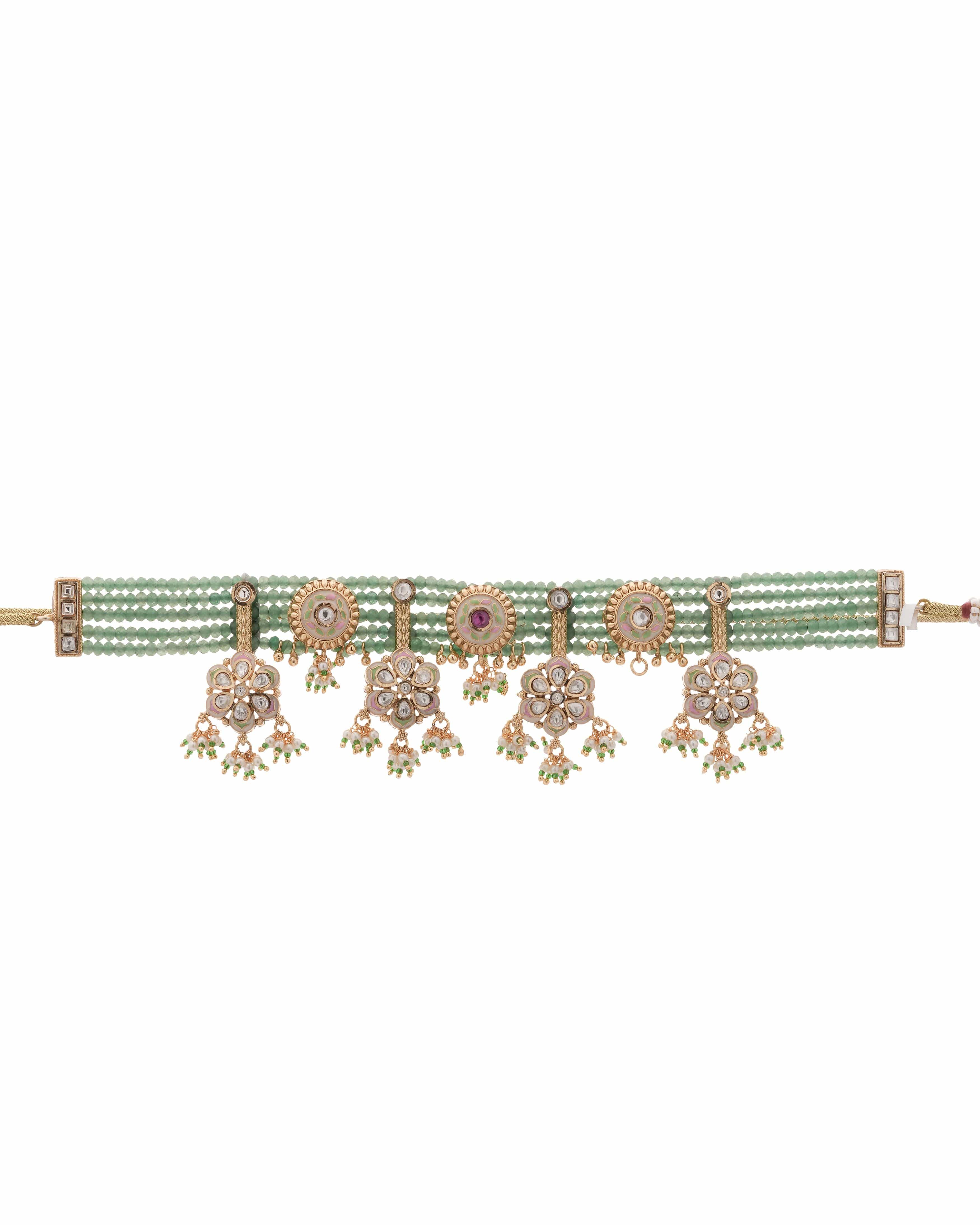 Heritage Kundan ( Meenakari) & Emerald Beaded Choker with Jhumka Earrings
