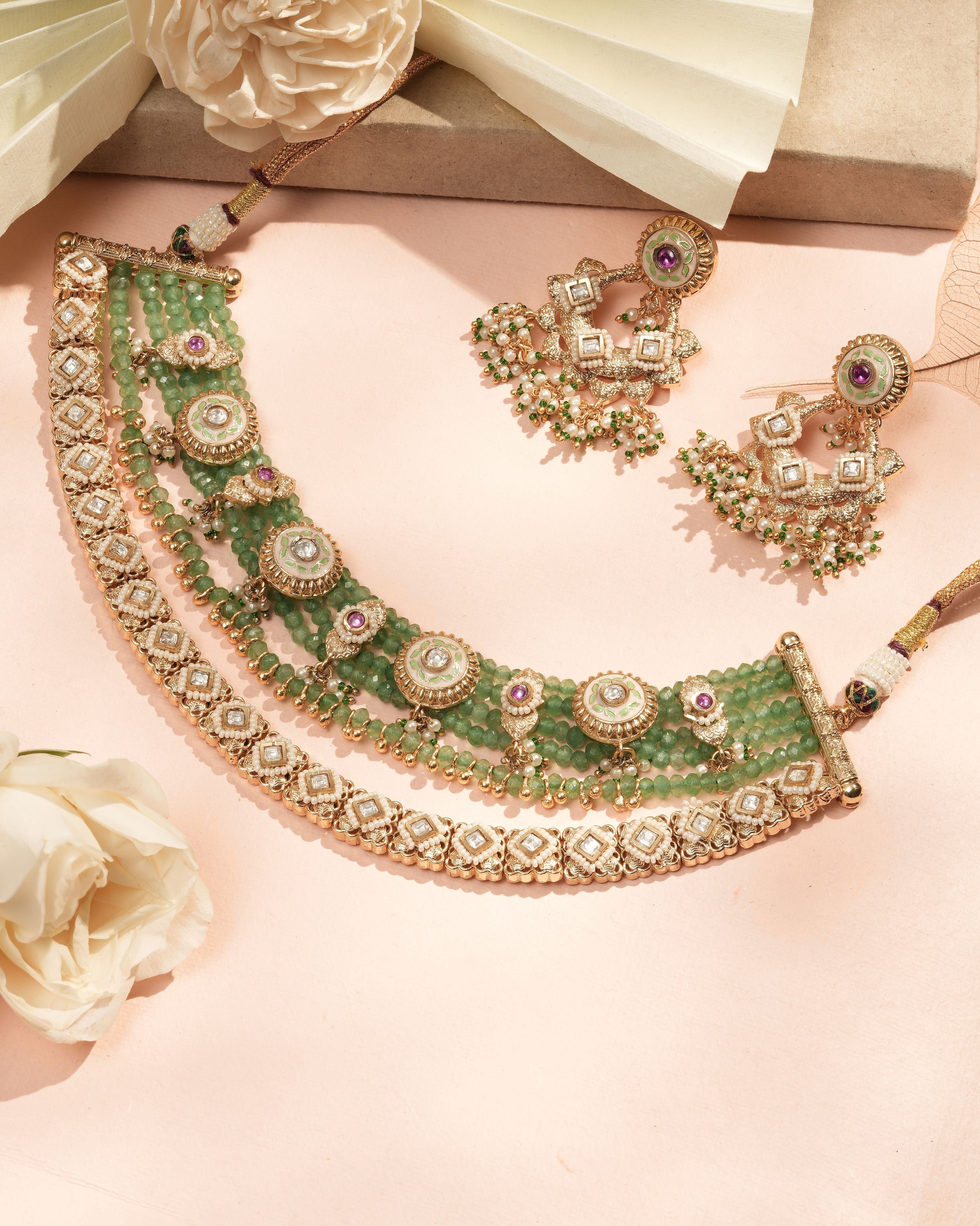 Heritage Kundan ( Meenakari) & Emerald Beaded Choker with Jhumka Earrings