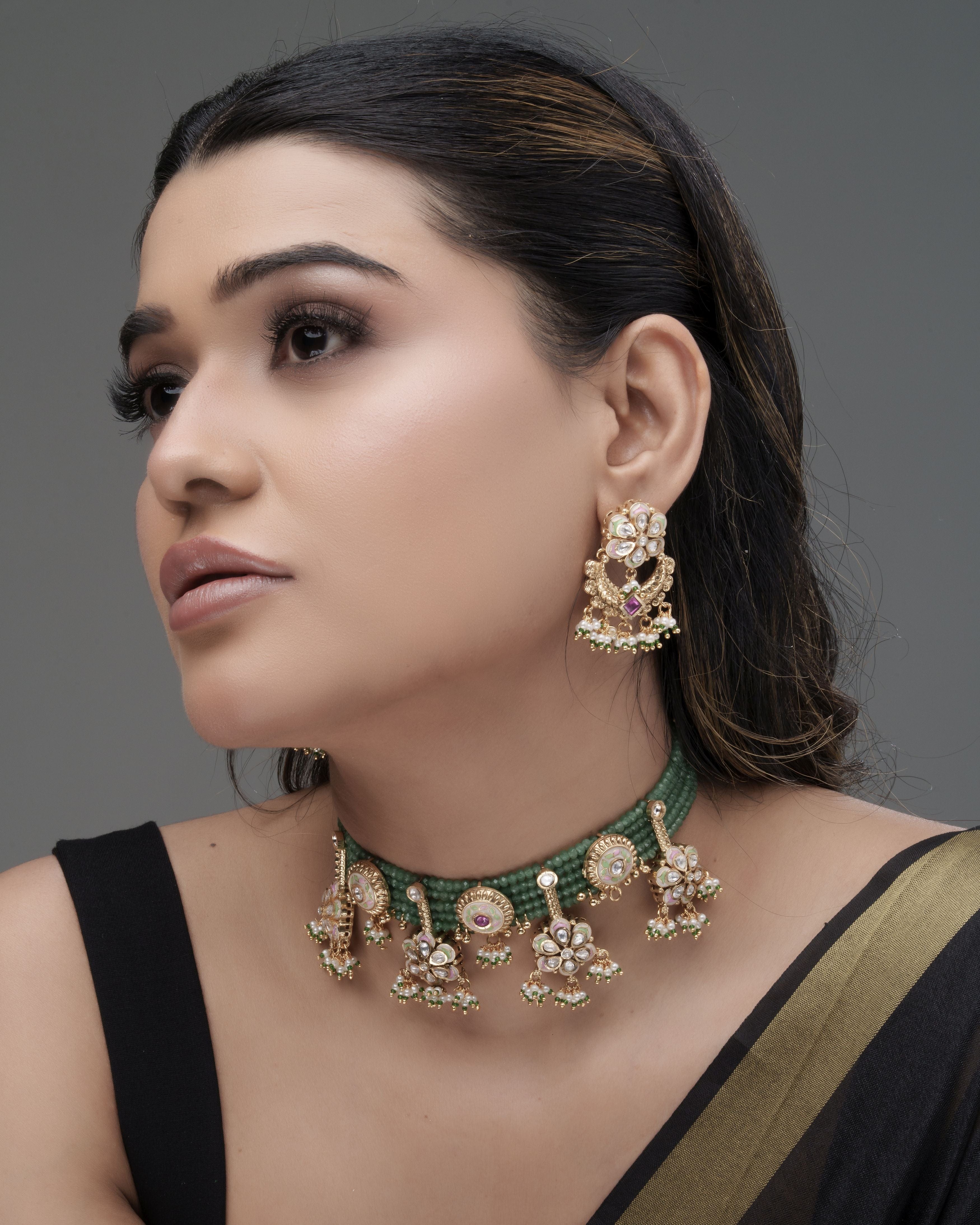 Heritage Festive Kundan Choker Necklace with Green Beads & Statement Earrings