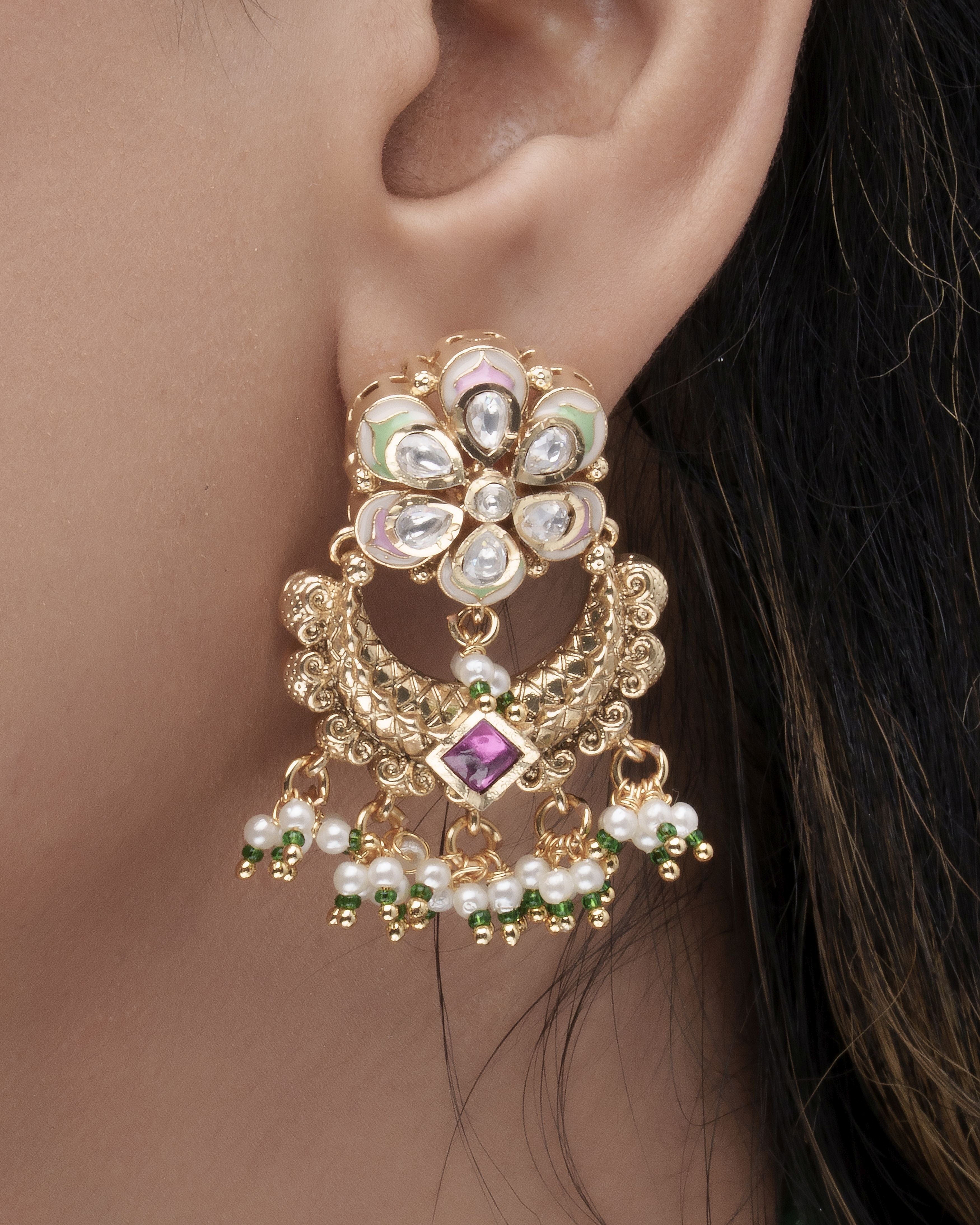 Heritage Festive Kundan Choker Necklace with Green Beads & Statement Earrings