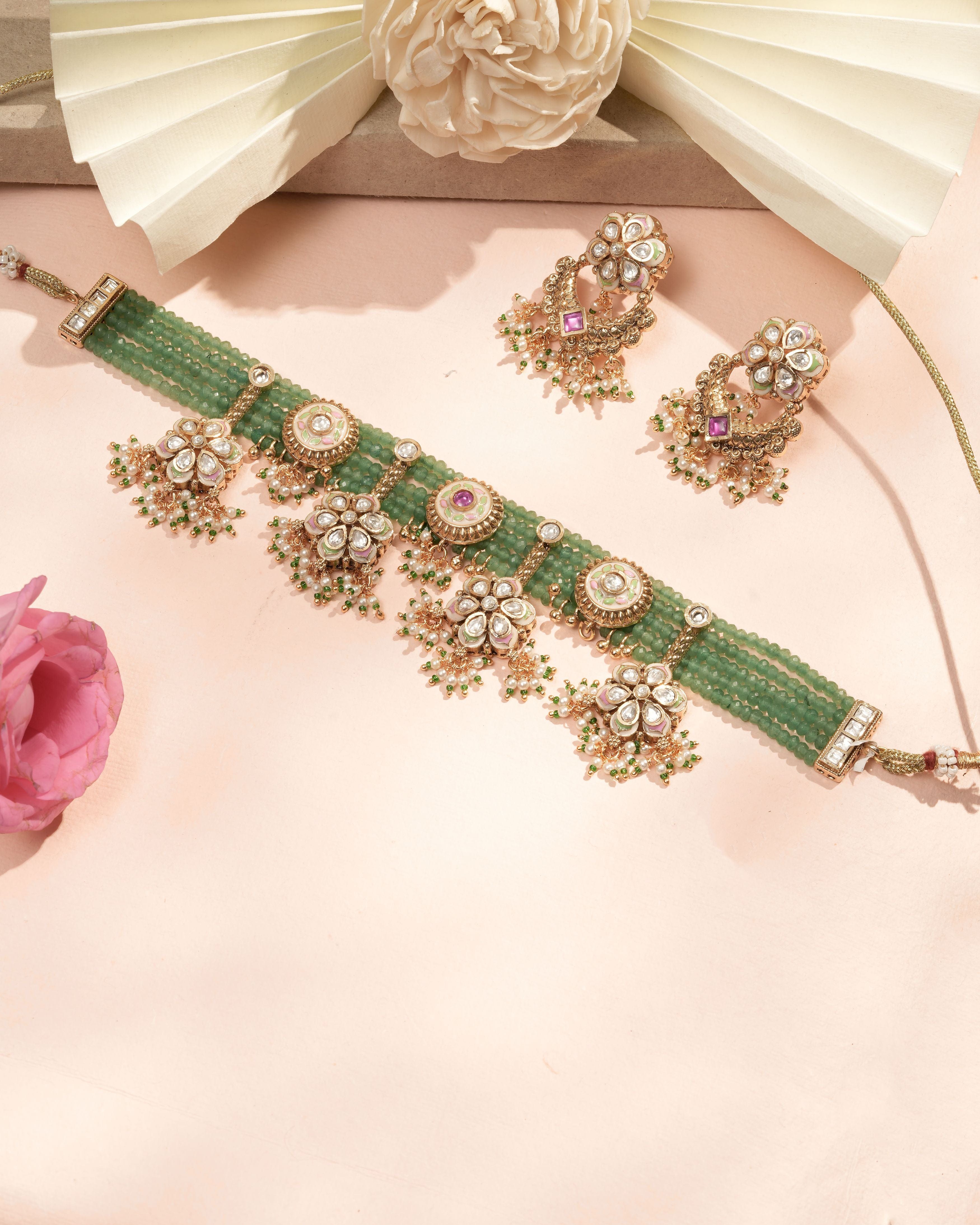 Heritage Festive Kundan Choker Necklace with Green Beads & Statement Earrings