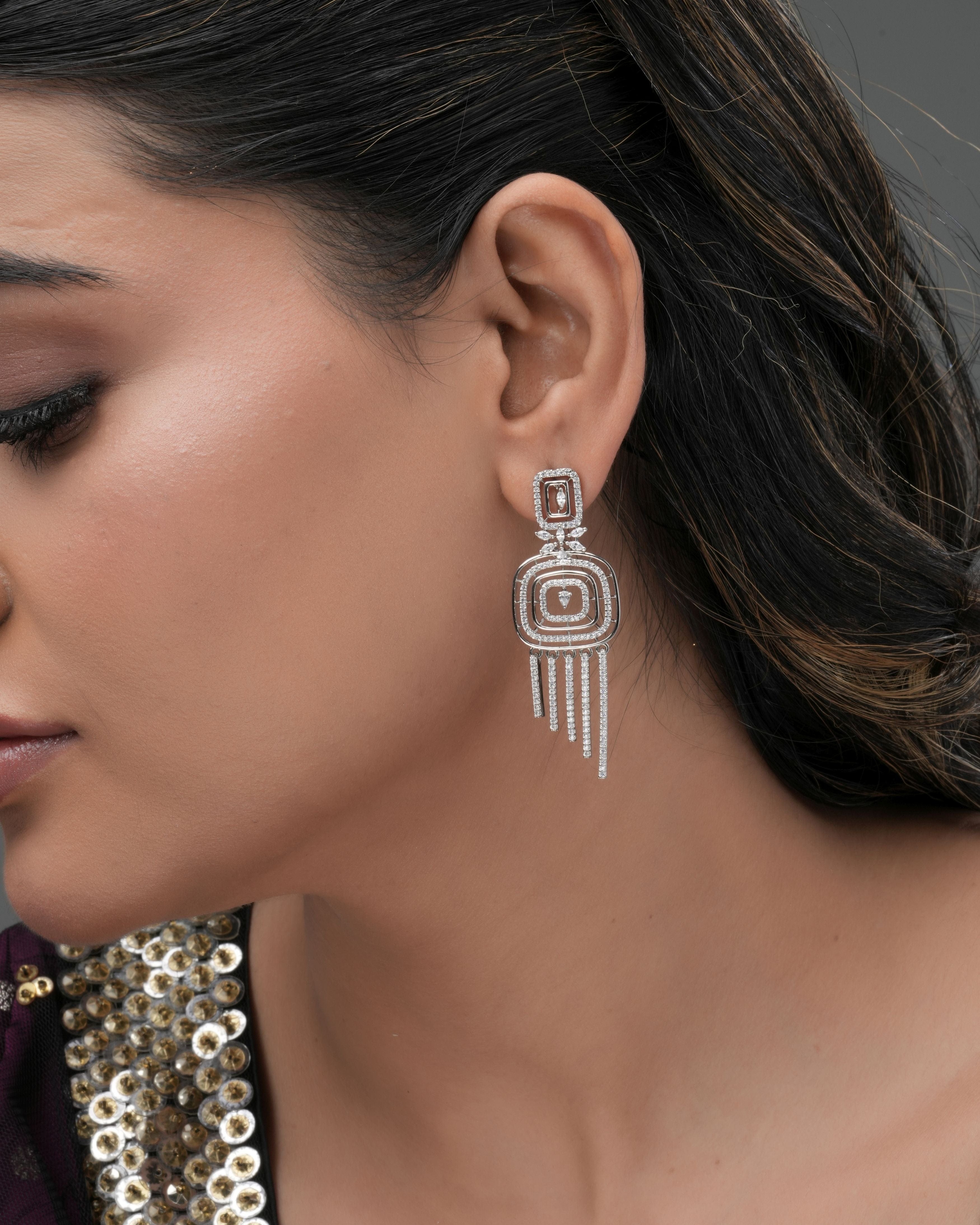Sparkling Square Tassel Earrings