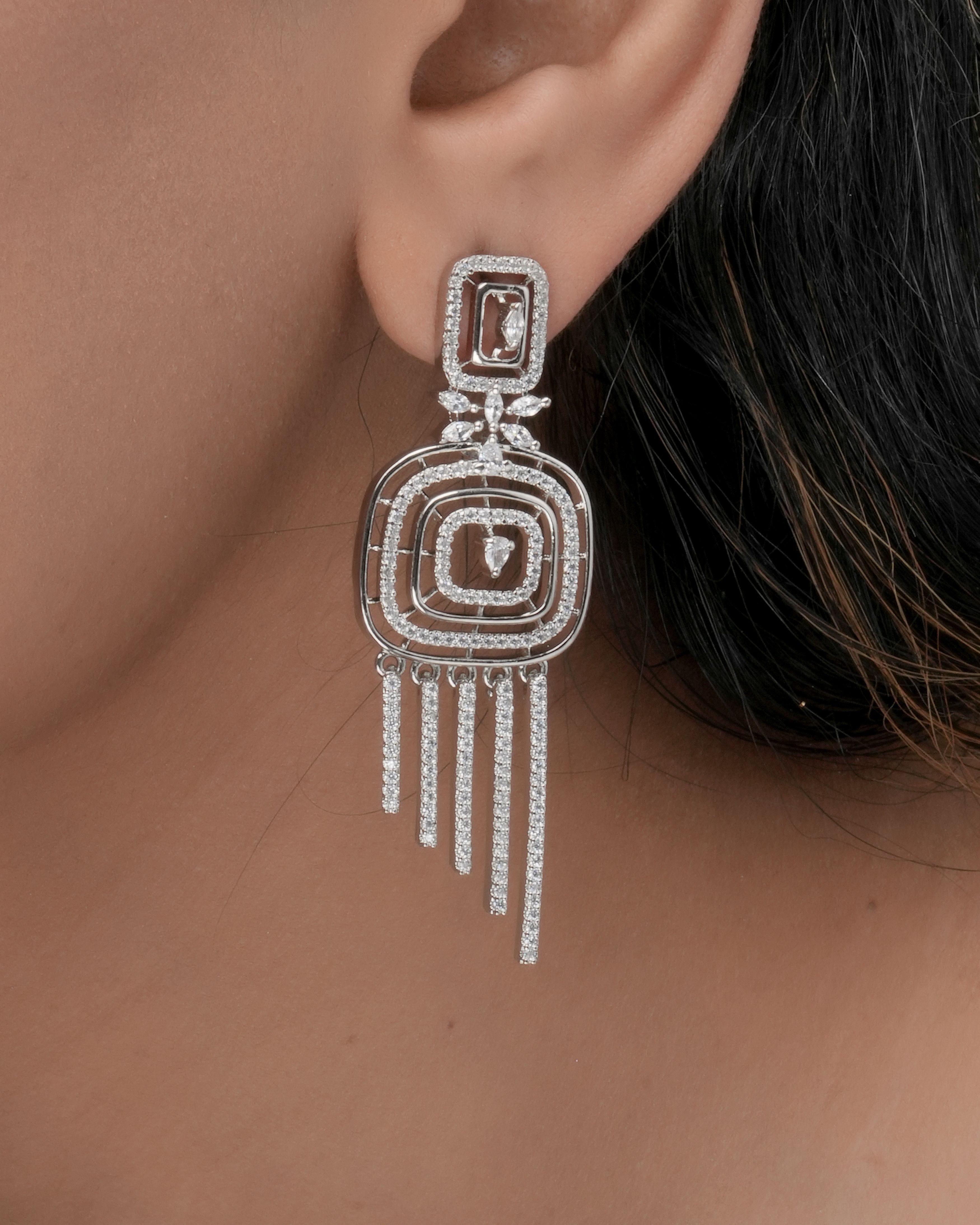 Sparkling Square Tassel Earrings