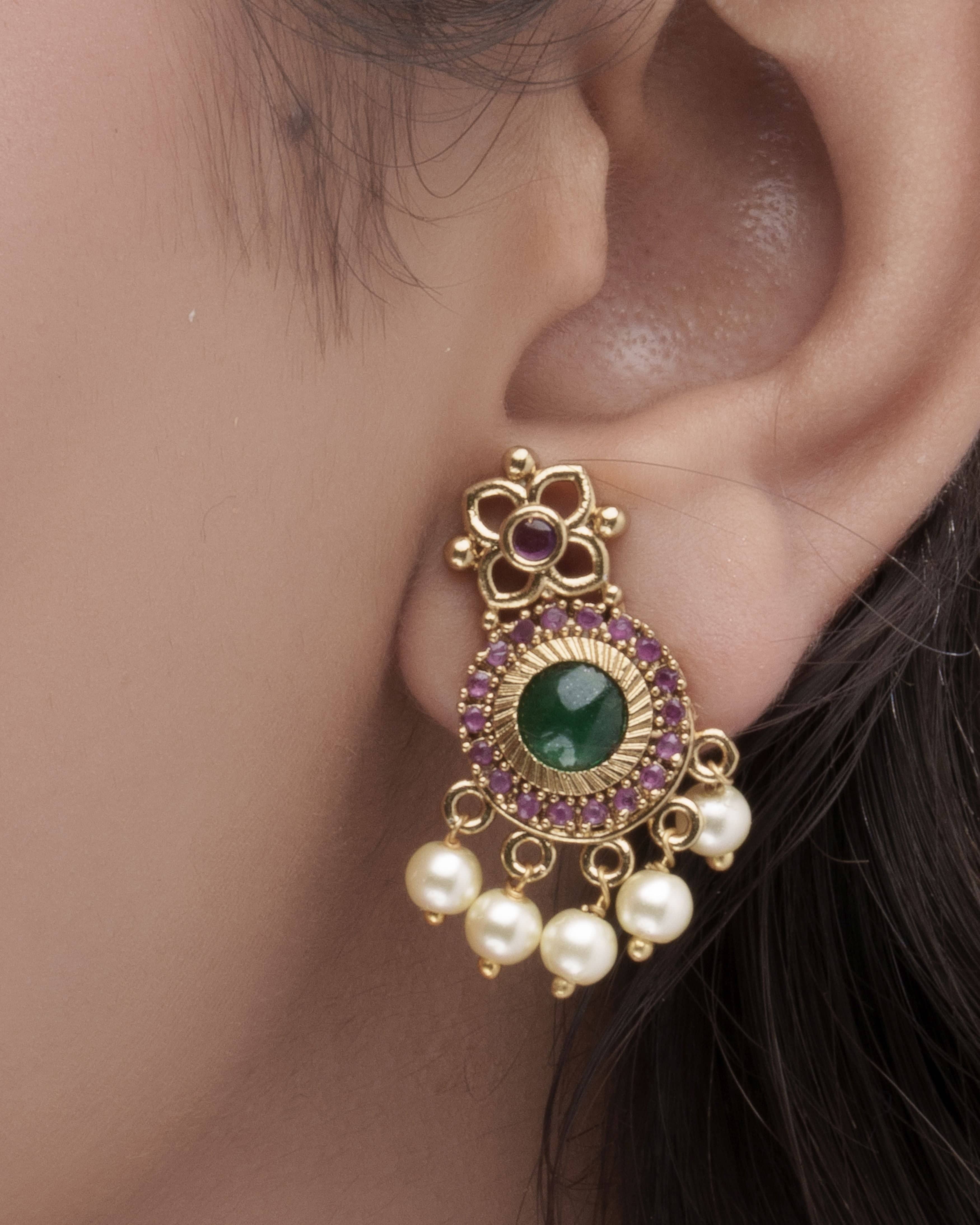 Gold Plated Peacock Temple Lakshmi Coin Pearl Moissanite Necklace Set