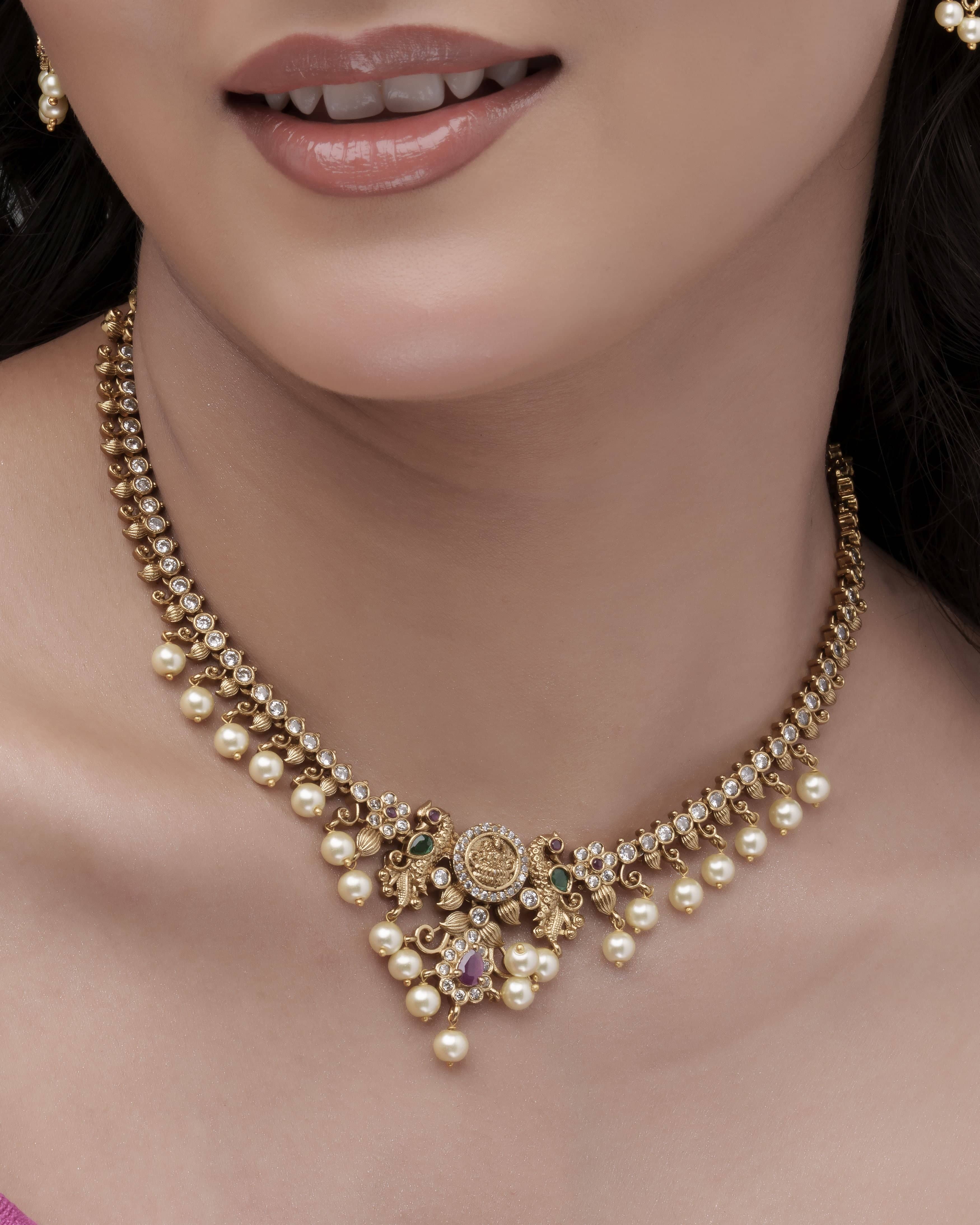 Gold Plated Peacock Temple Lakshmi Coin Pearl Moissanite Necklace Set