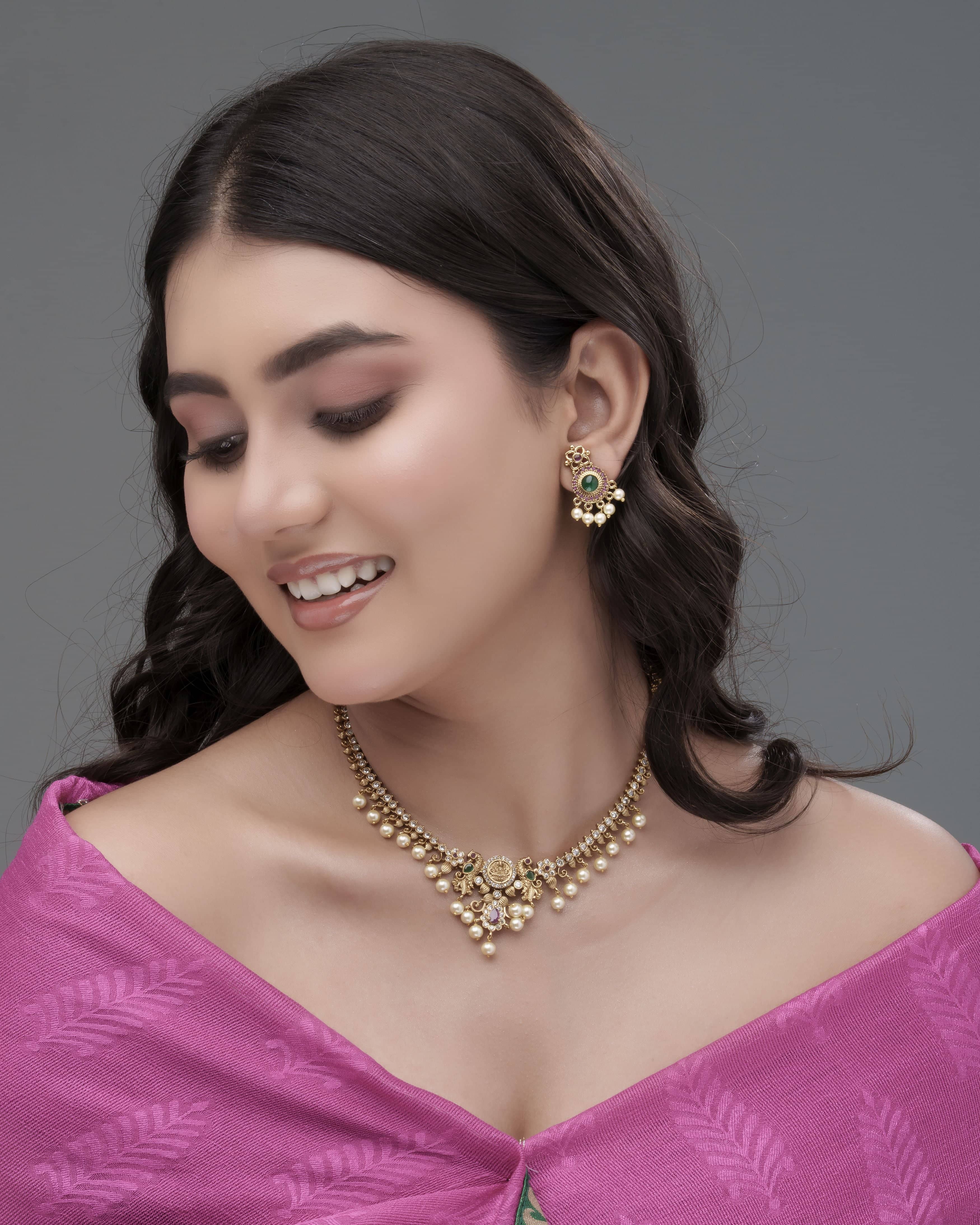 Gold Plated Peacock Temple Lakshmi Coin Pearl Moissanite Necklace Set