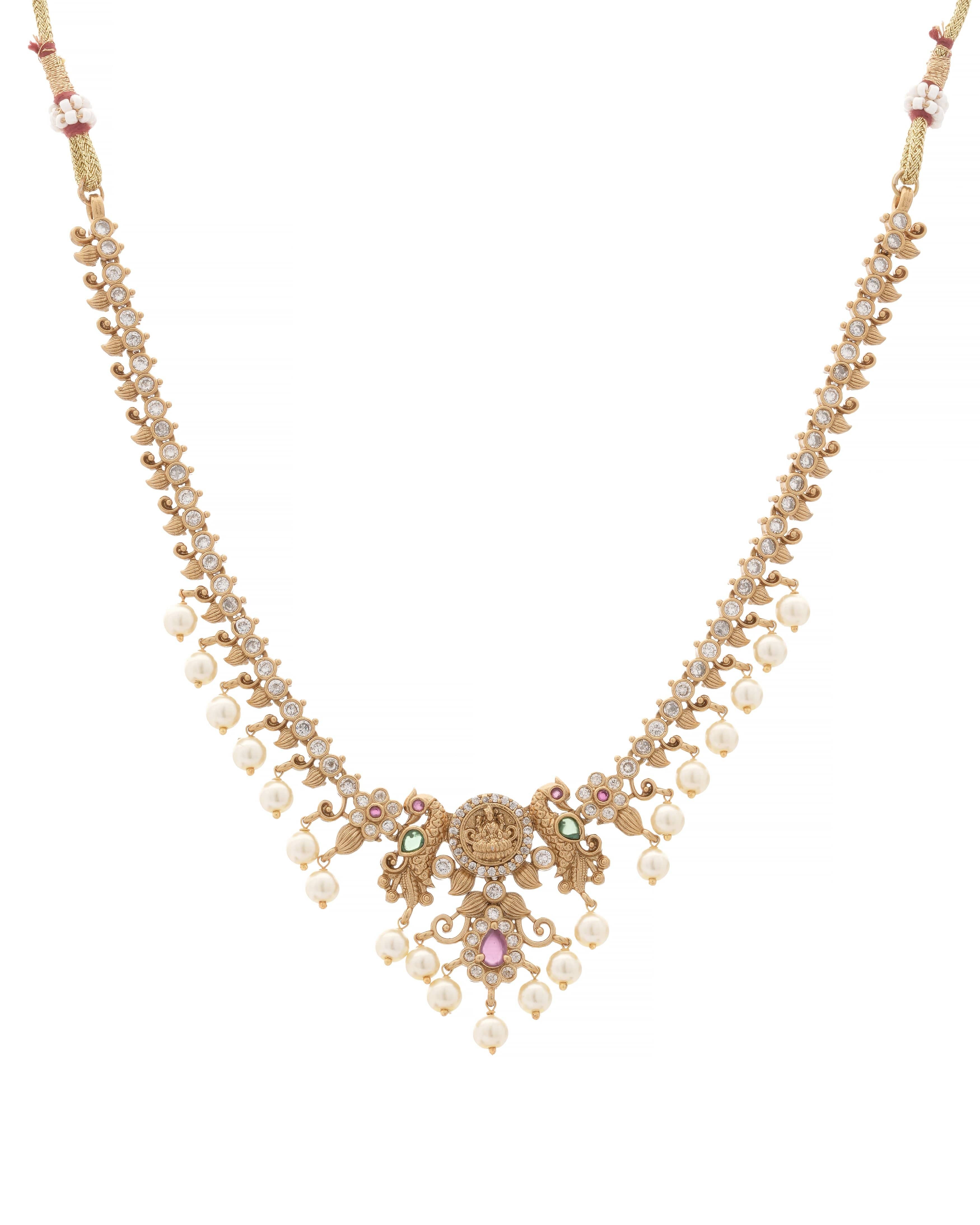 Gold Plated Peacock Temple Lakshmi Coin Pearl Moissanite Necklace Set