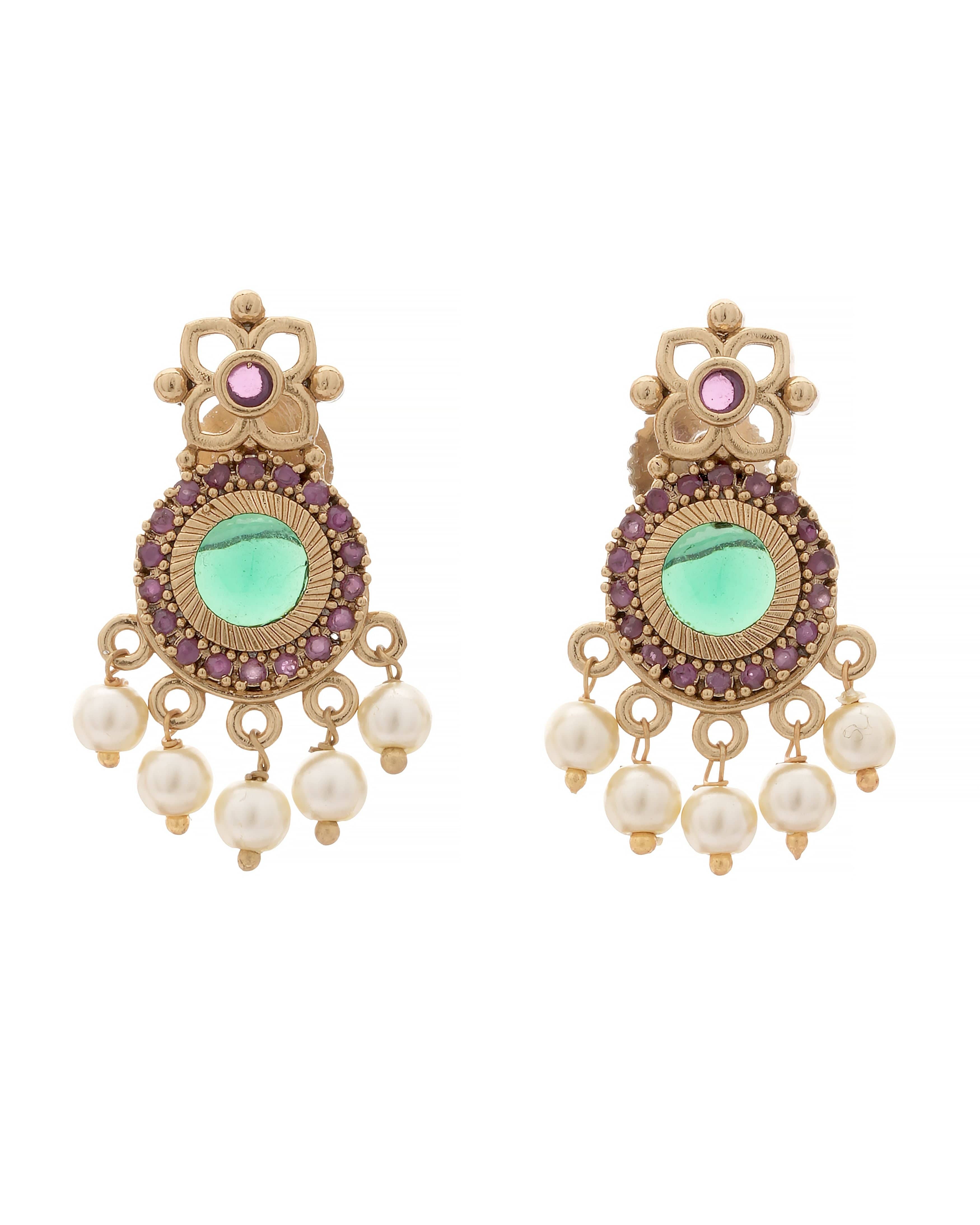 Gold Plated Peacock Temple Lakshmi Coin Pearl Moissanite Necklace Set