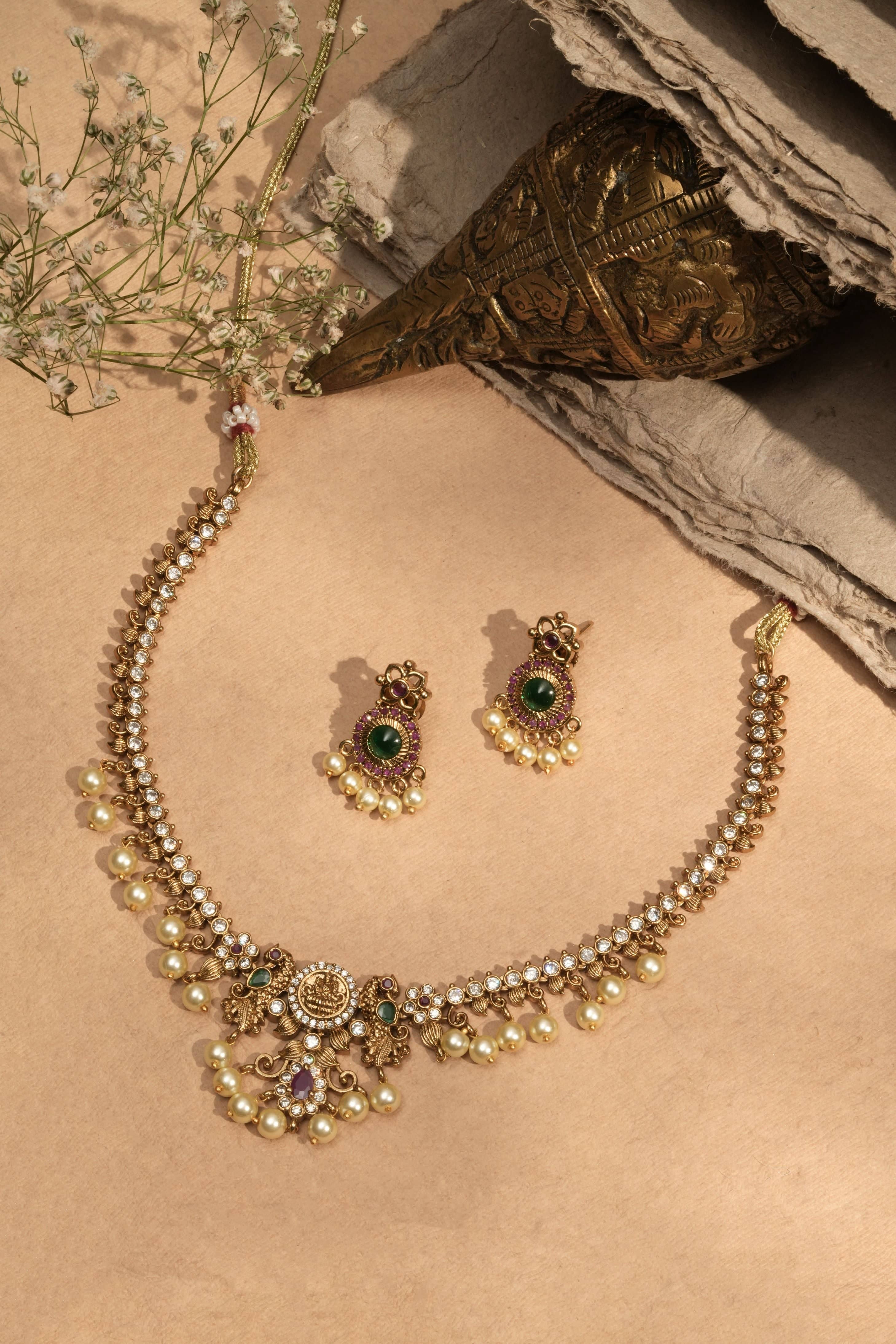 Gold Plated Peacock Temple Lakshmi Coin Pearl Moissanite Necklace Set