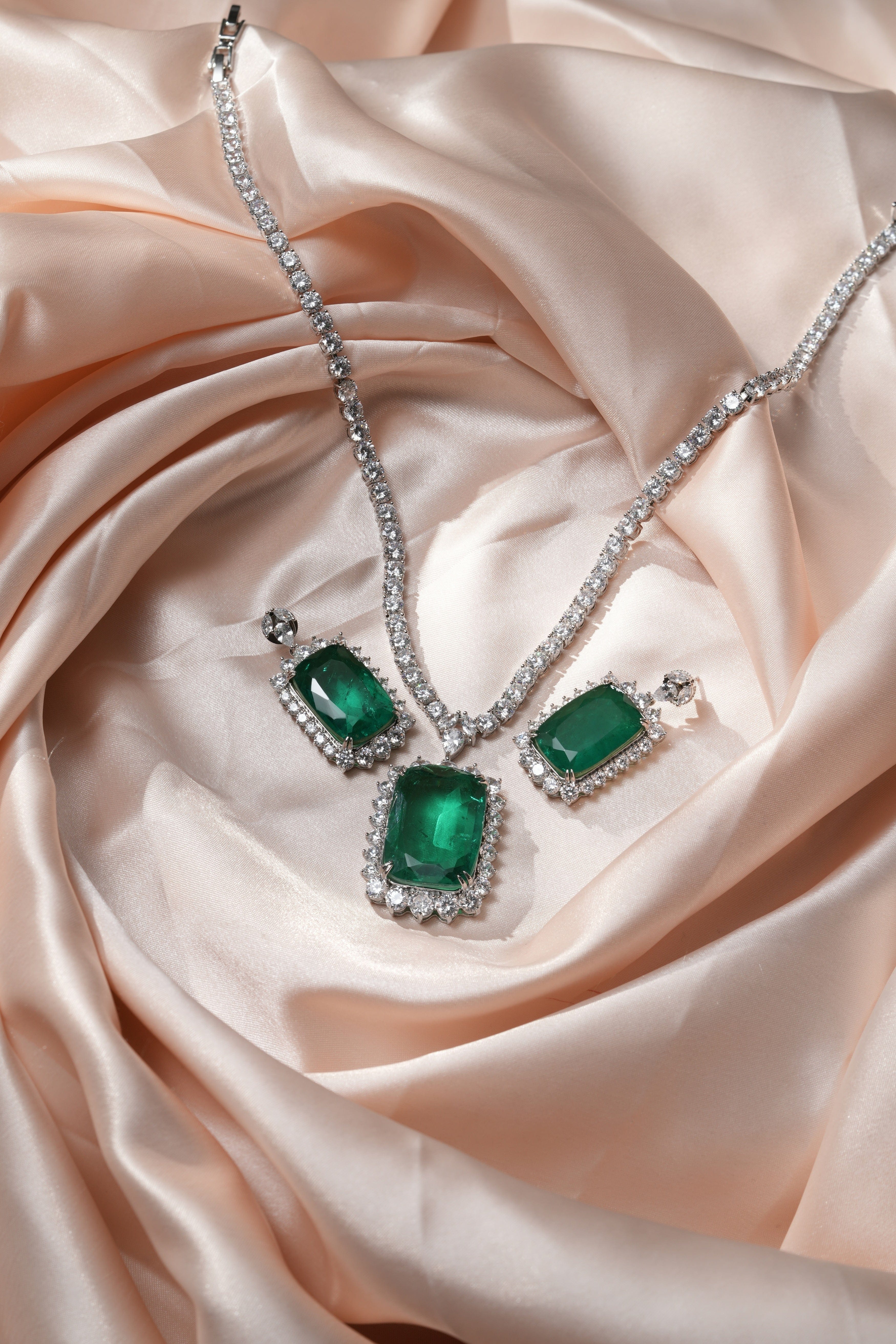 Emerald Majesty Halo Necklace & Earring Set