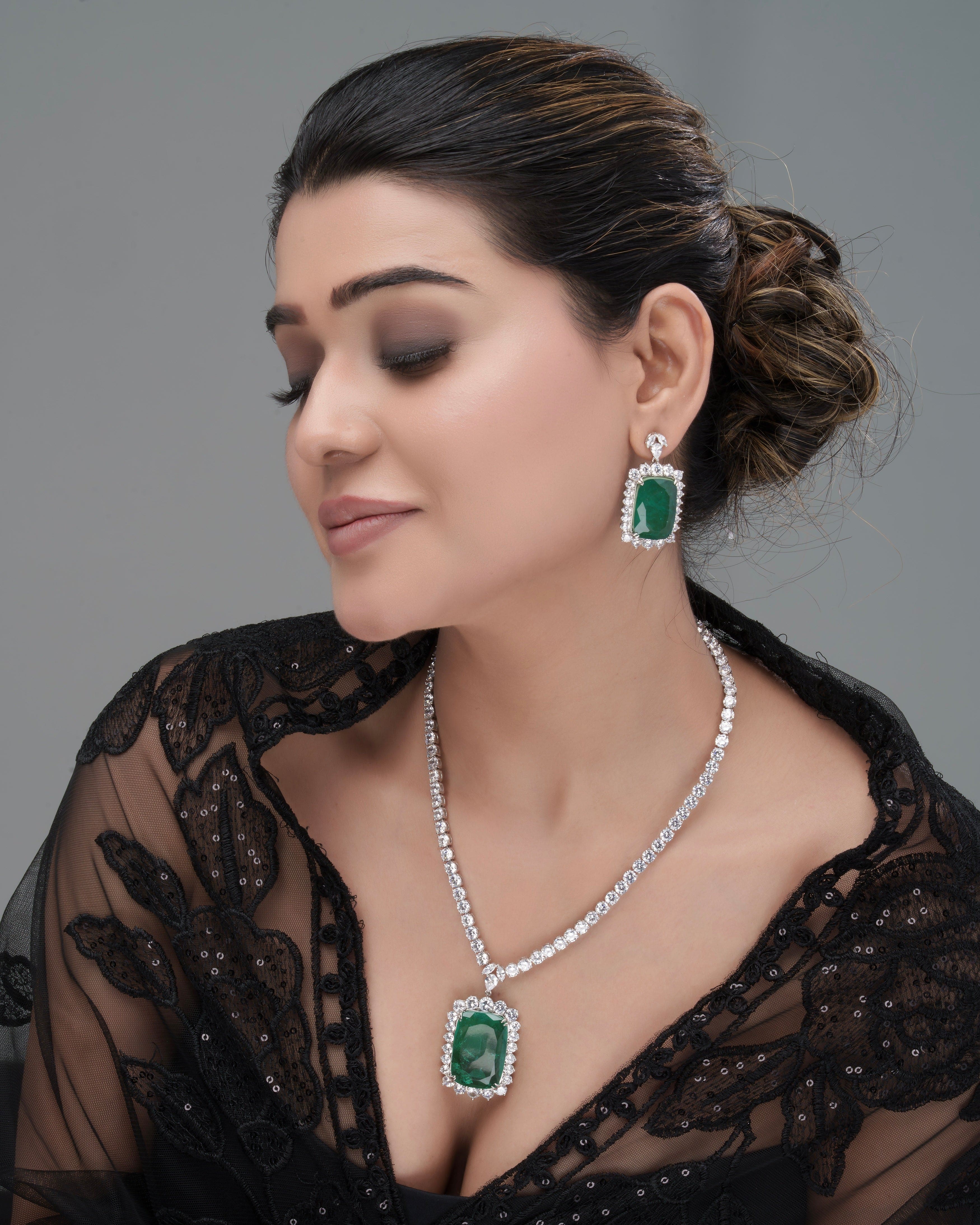 Emerald Majesty Halo Necklace & Earring Set