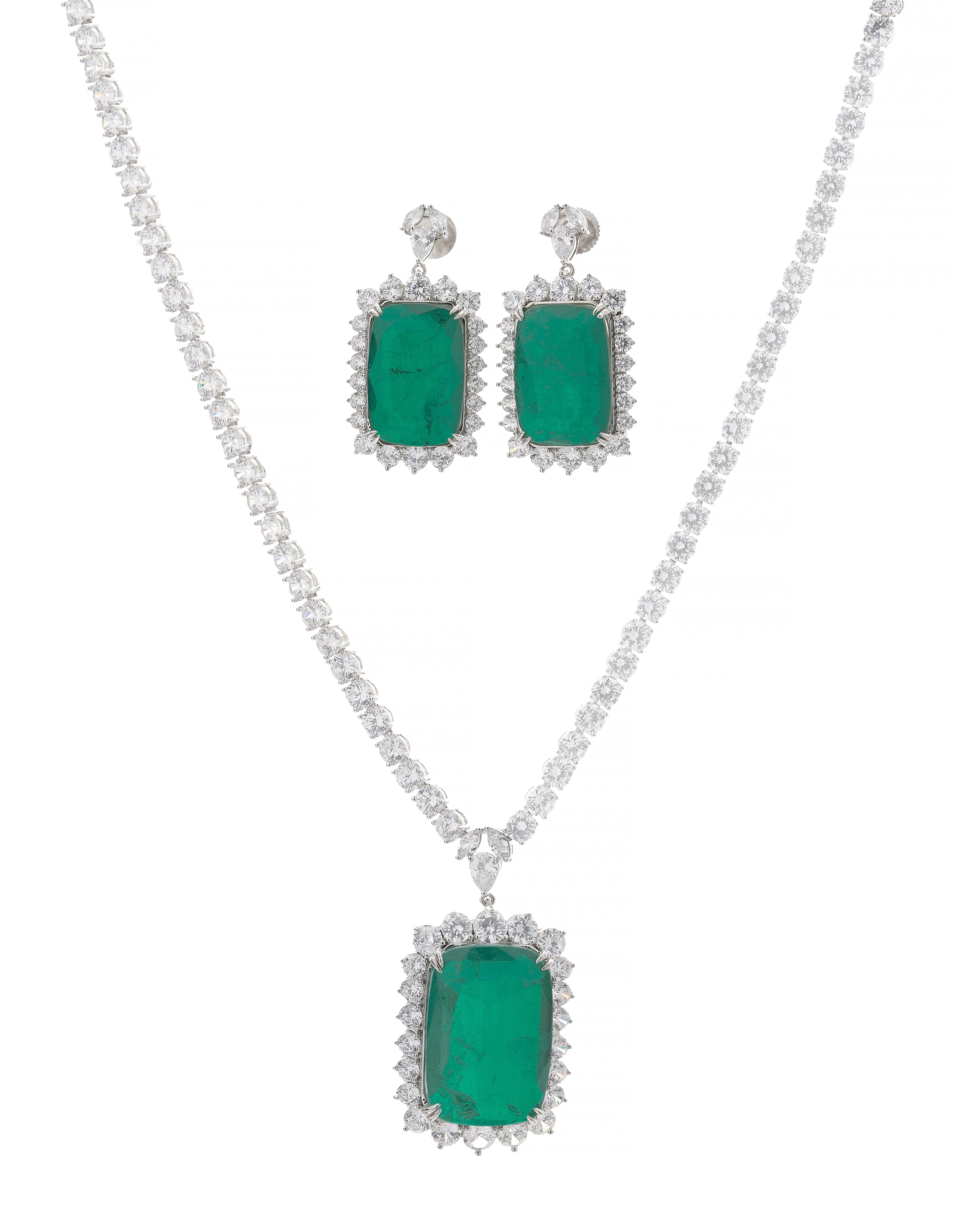 Emerald Majesty Halo Necklace & Earring Set