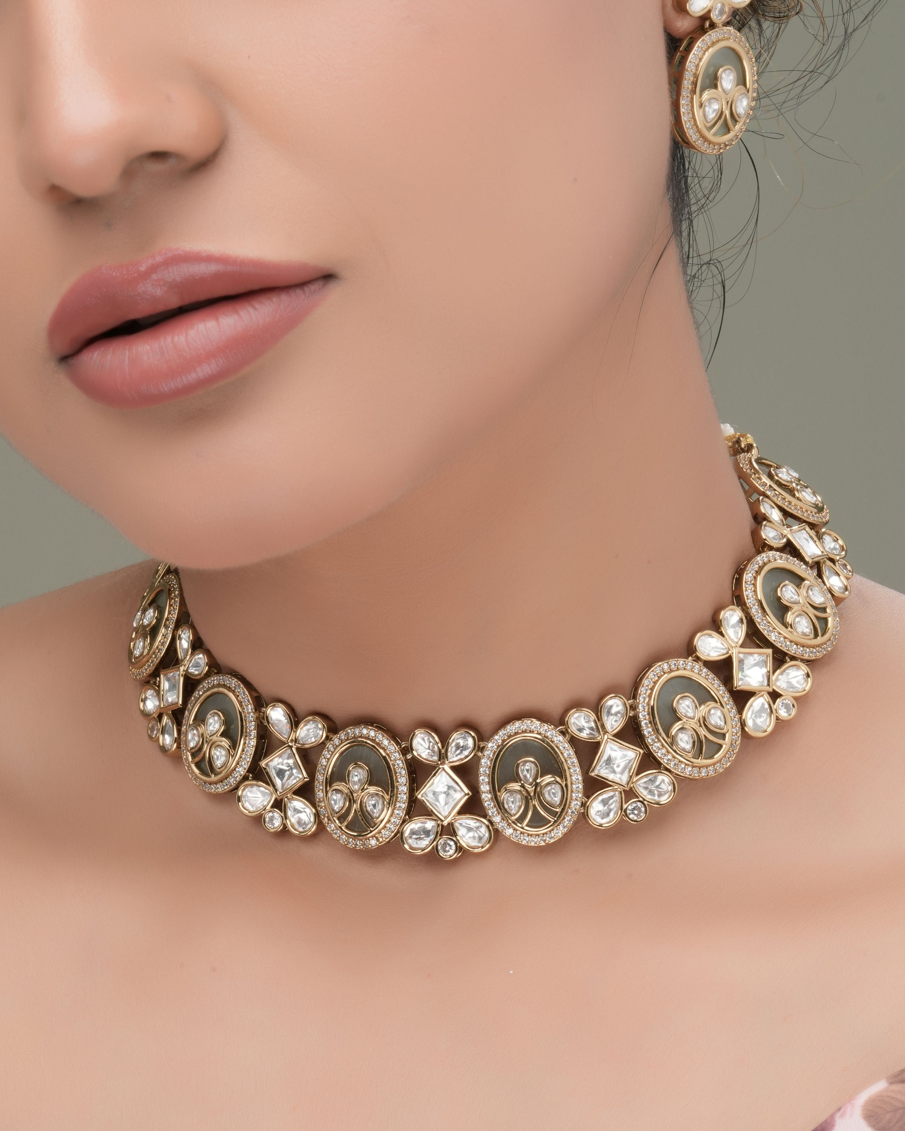 Pistachio Bloom – 3D KUNDAN & CZ Choker Necklace