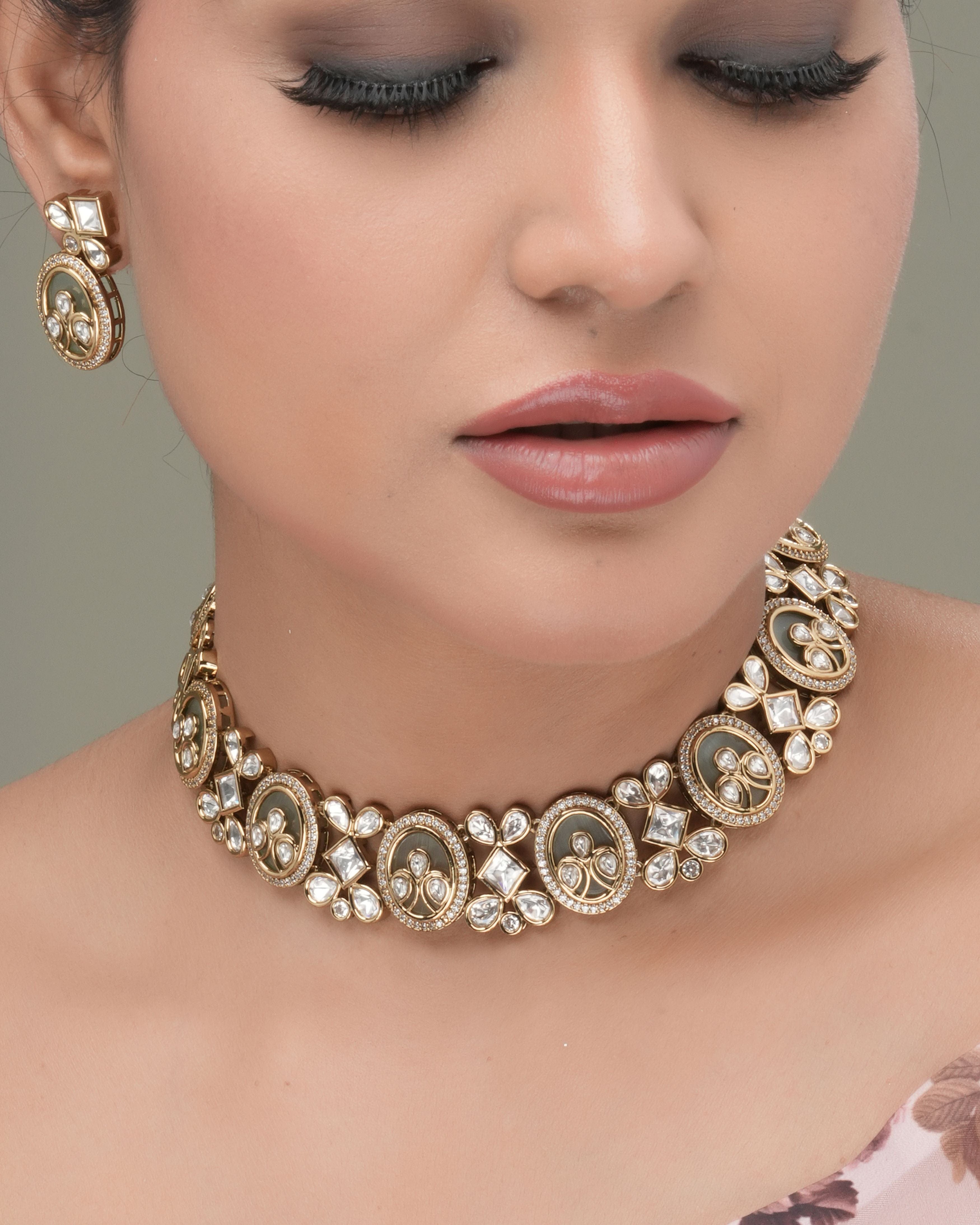 Pistachio Bloom – 3D KUNDAN & CZ Choker Necklace