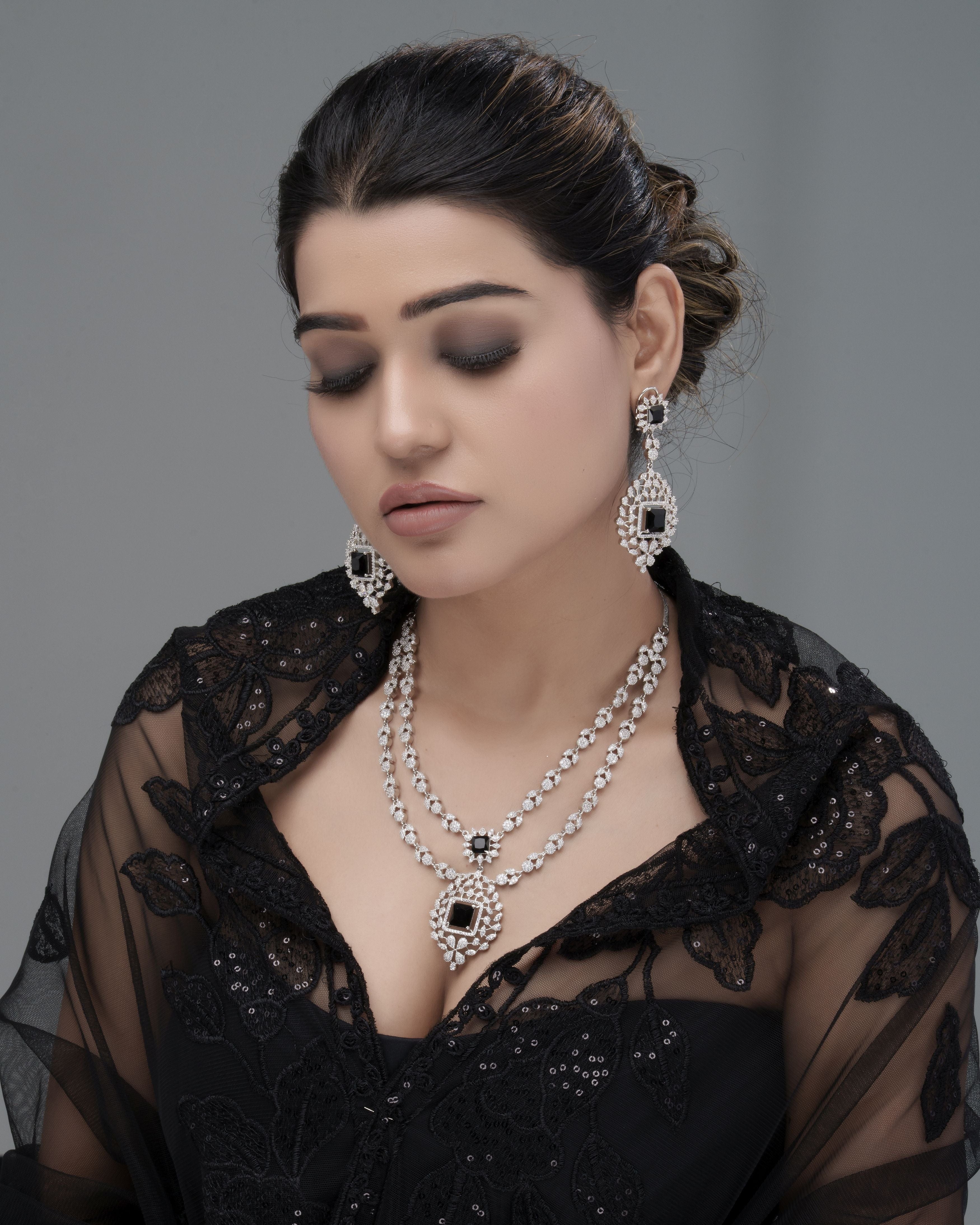 Midnight Majesty Double Layer Necklace & Drop Earring Set