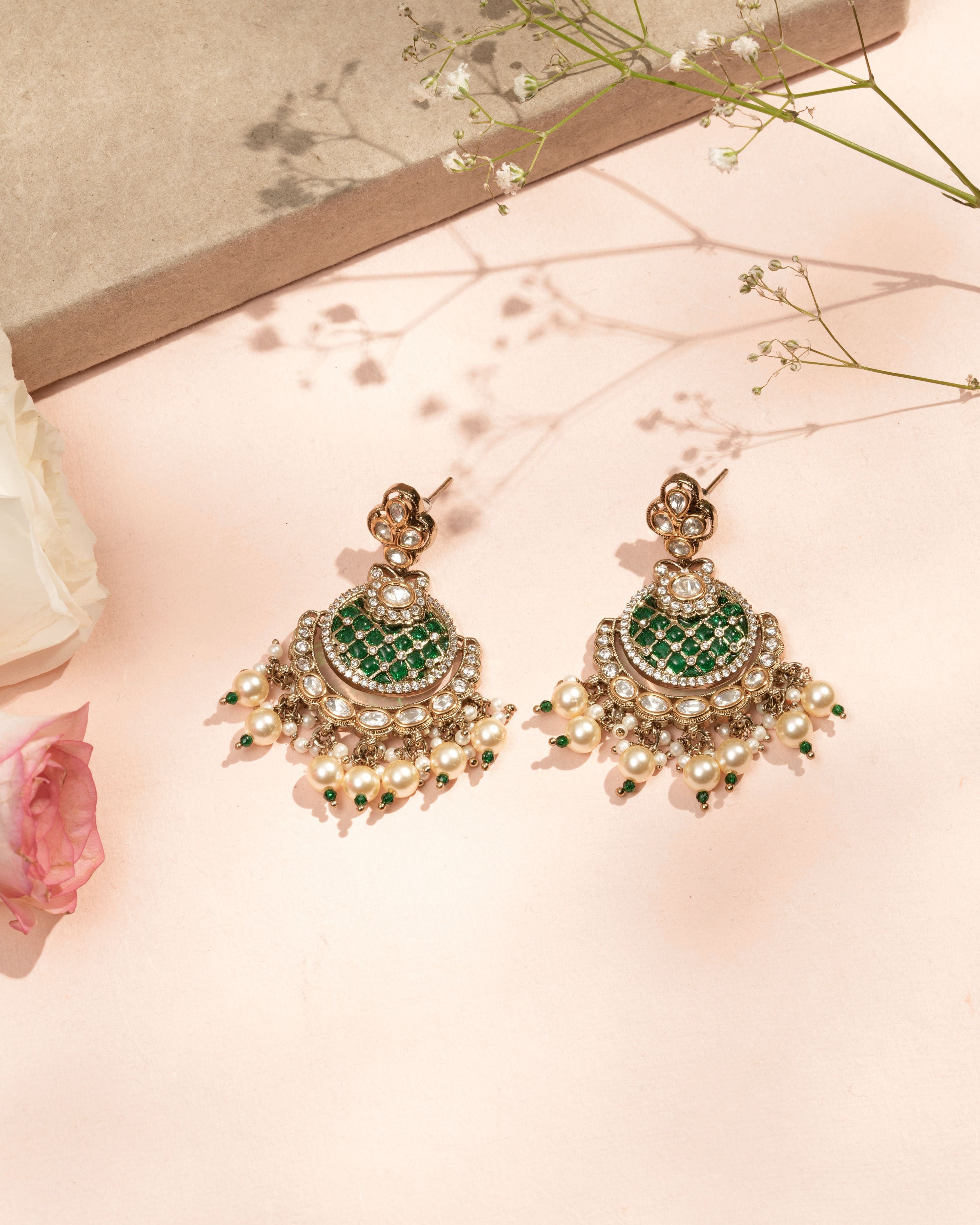 Handmade Emerald Bloom Mozanite Epoxy Jhumka Earrings