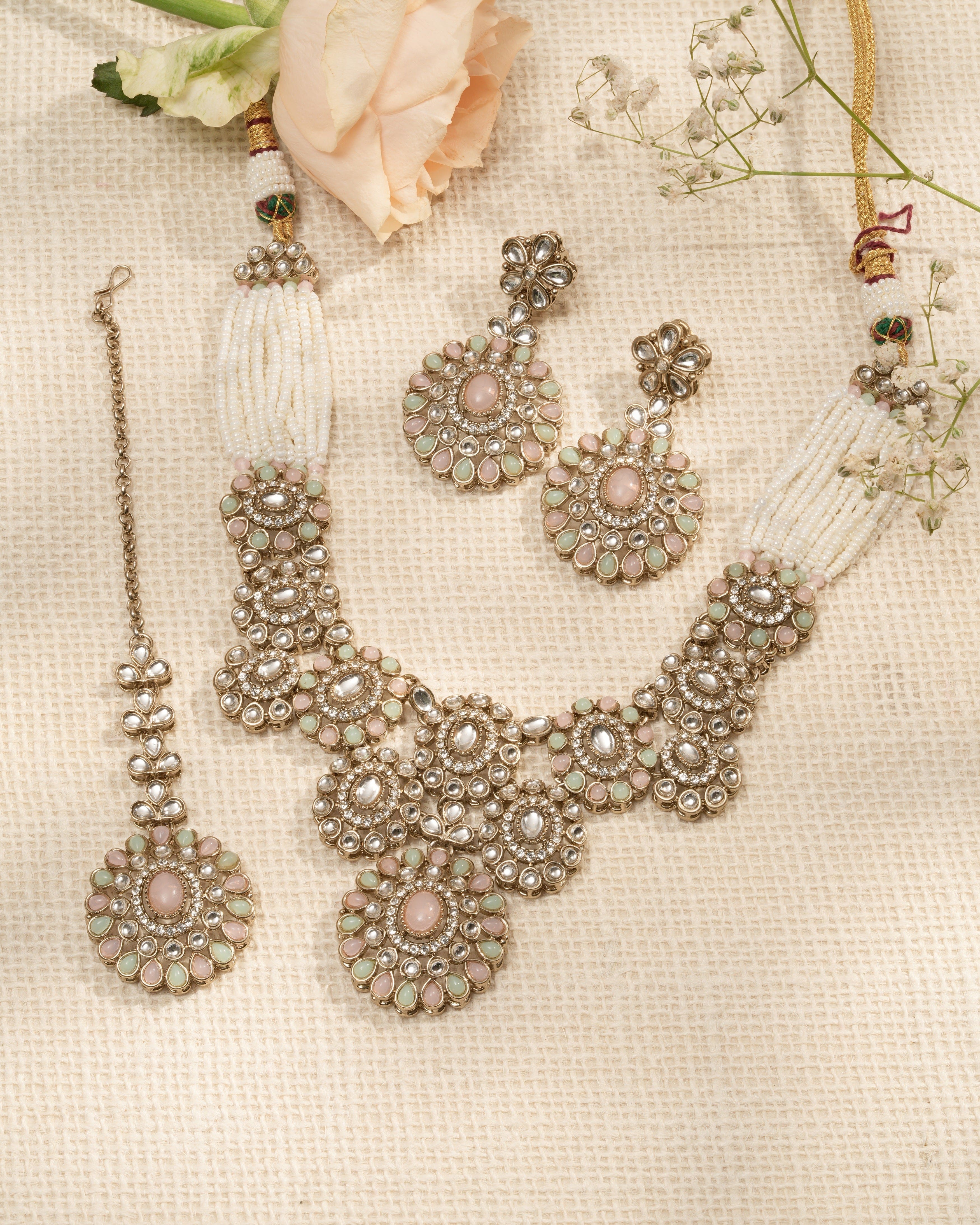 Pastel Radiance – Pink & Mint Beaded Zedex Kundan Necklace