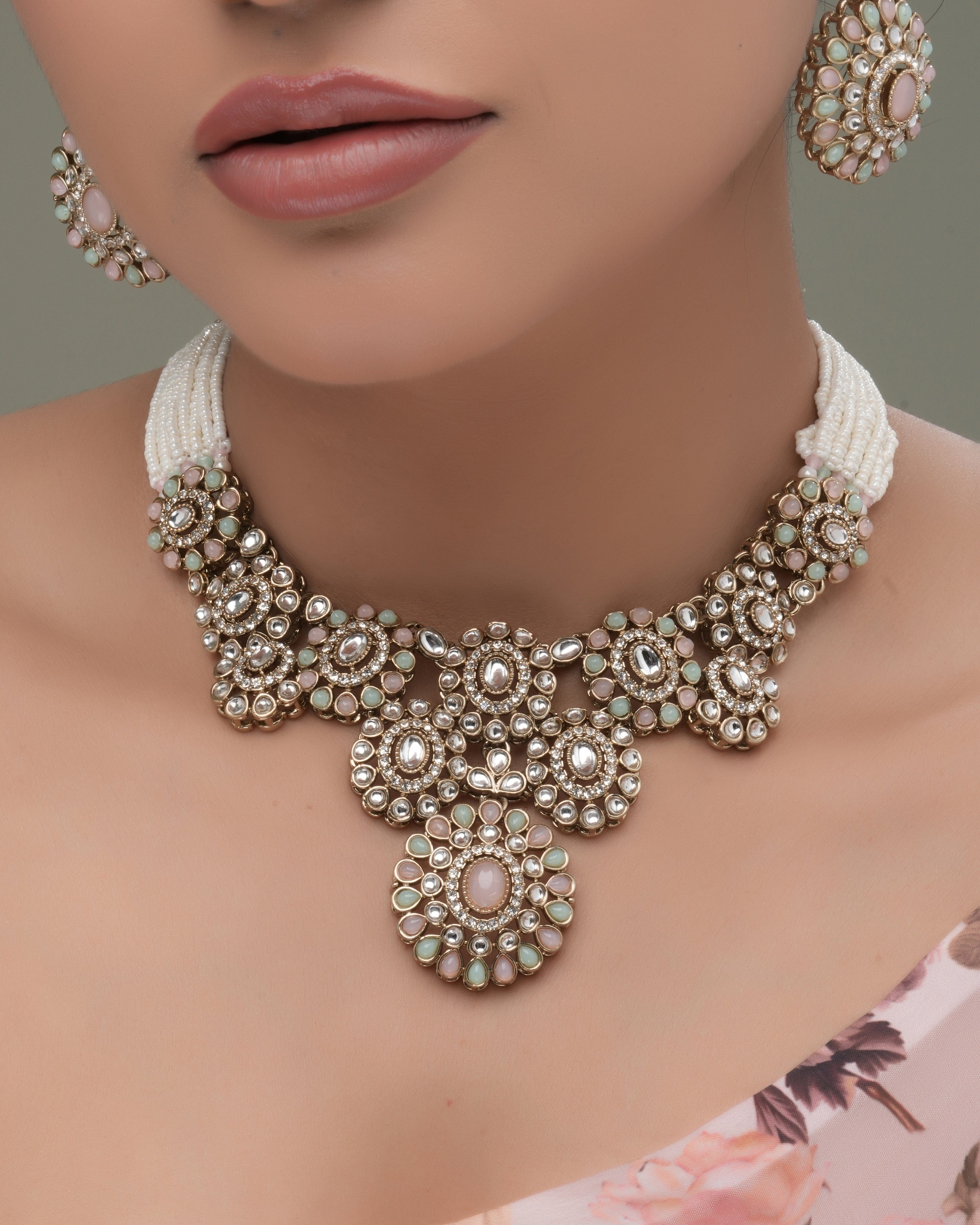 Pastel Radiance – Pink & Mint Beaded Zedex Kundan Necklace
