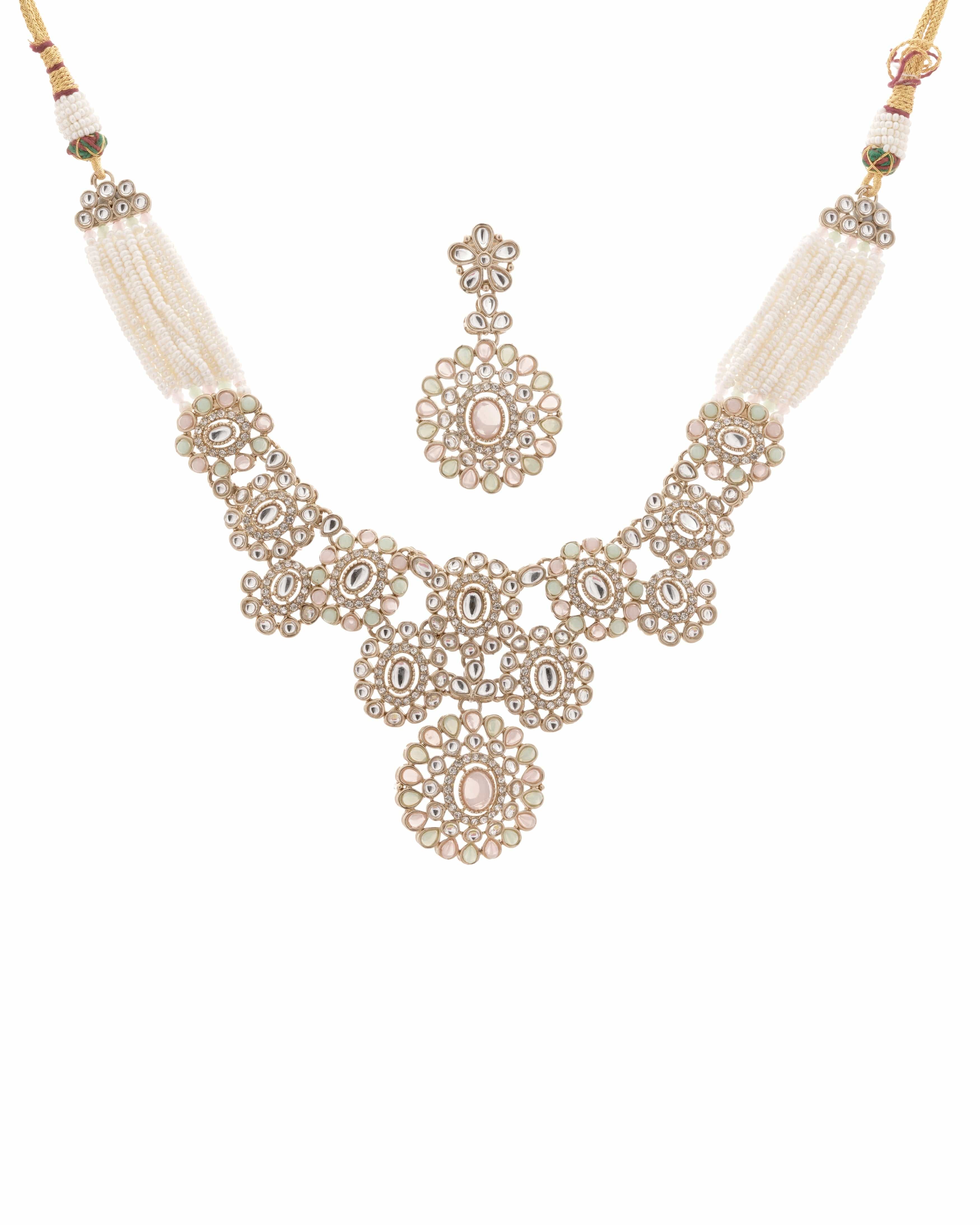 Pastel Radiance – Pink & Mint Beaded Zedex Kundan Necklace