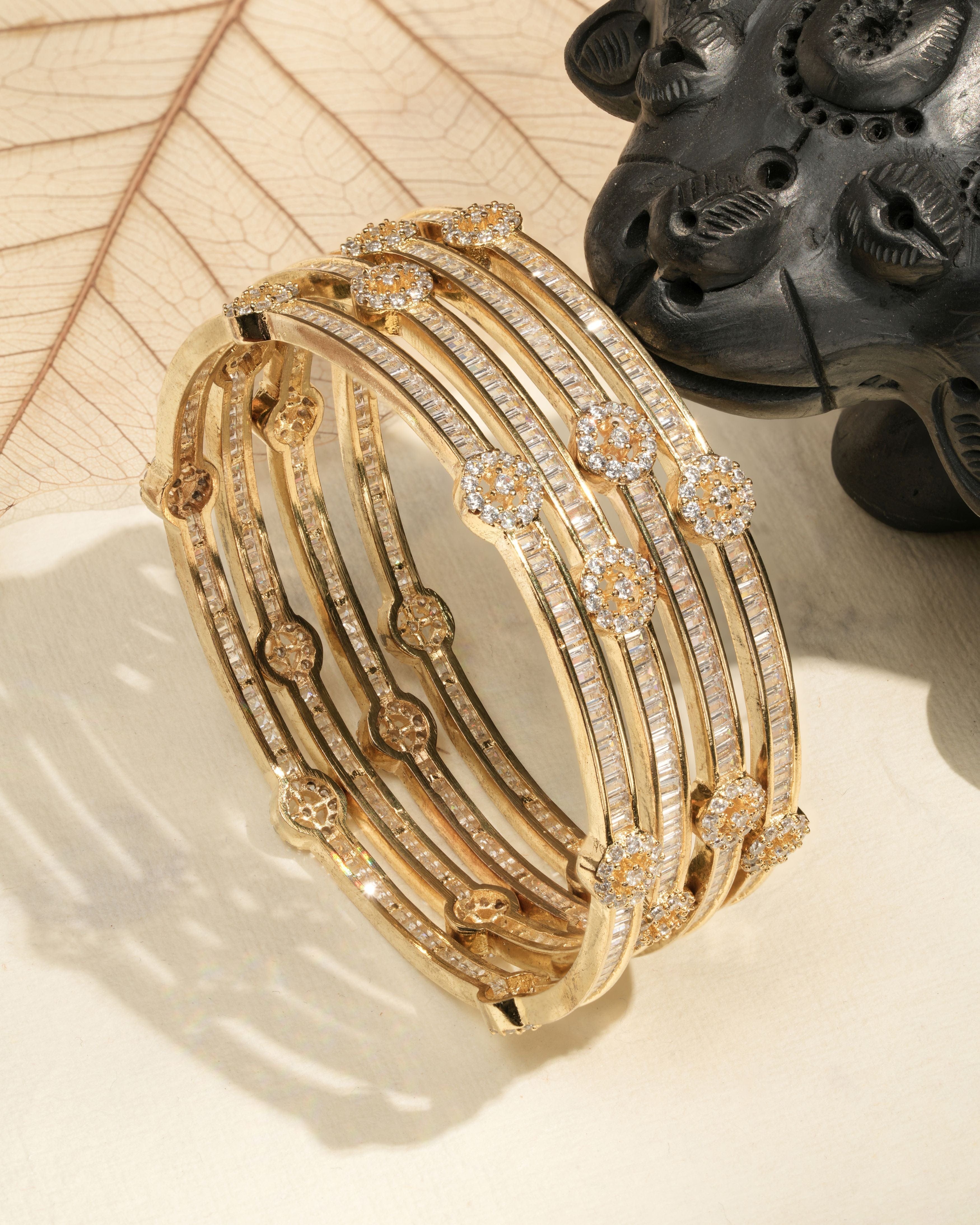 Radiant Gleam – Gold-Finished AD Bangles (Set of 4)