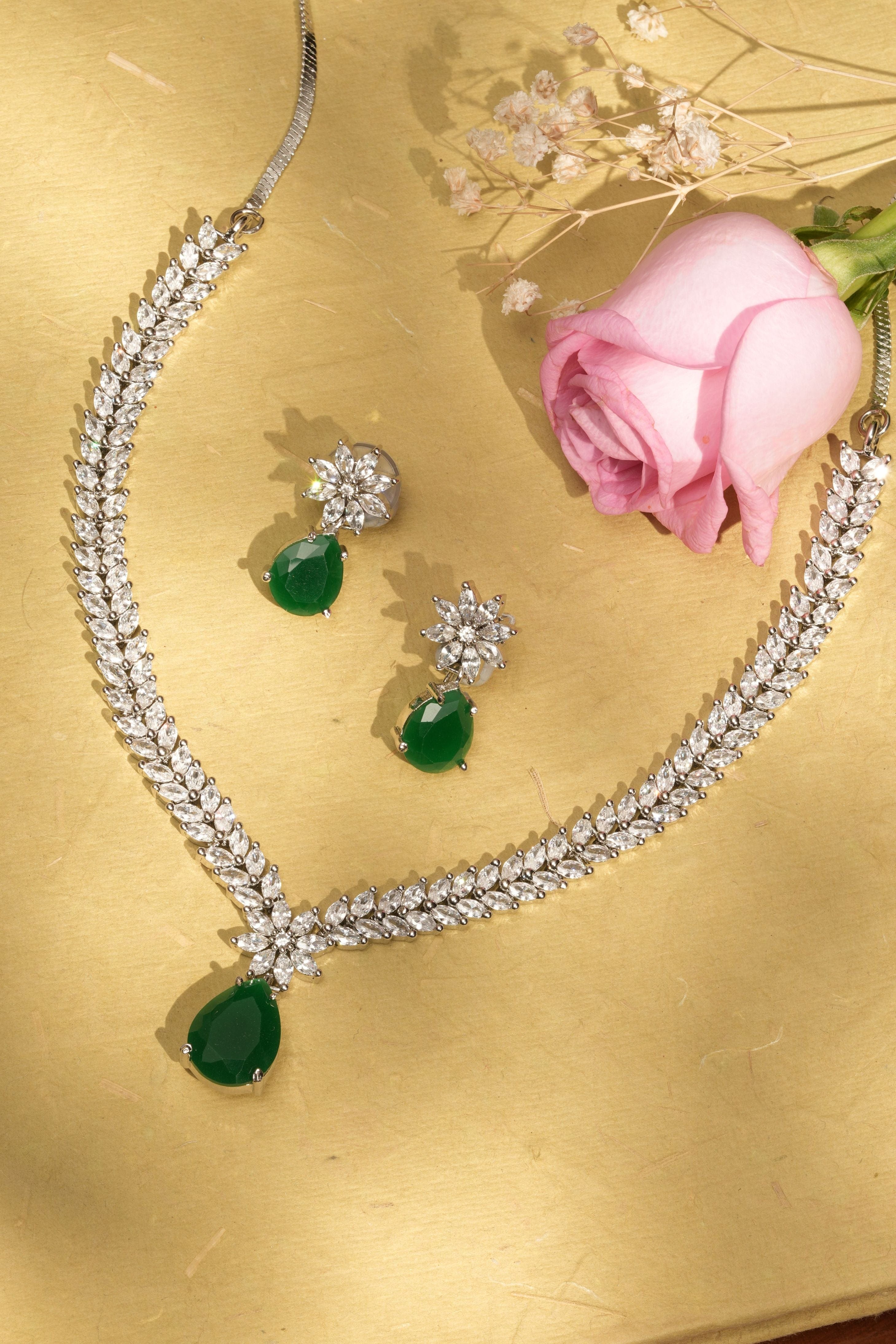 Interchangeable Emerald/Ruby/Sappire Blue/Crystal Elegance Necklace & Earrings Set