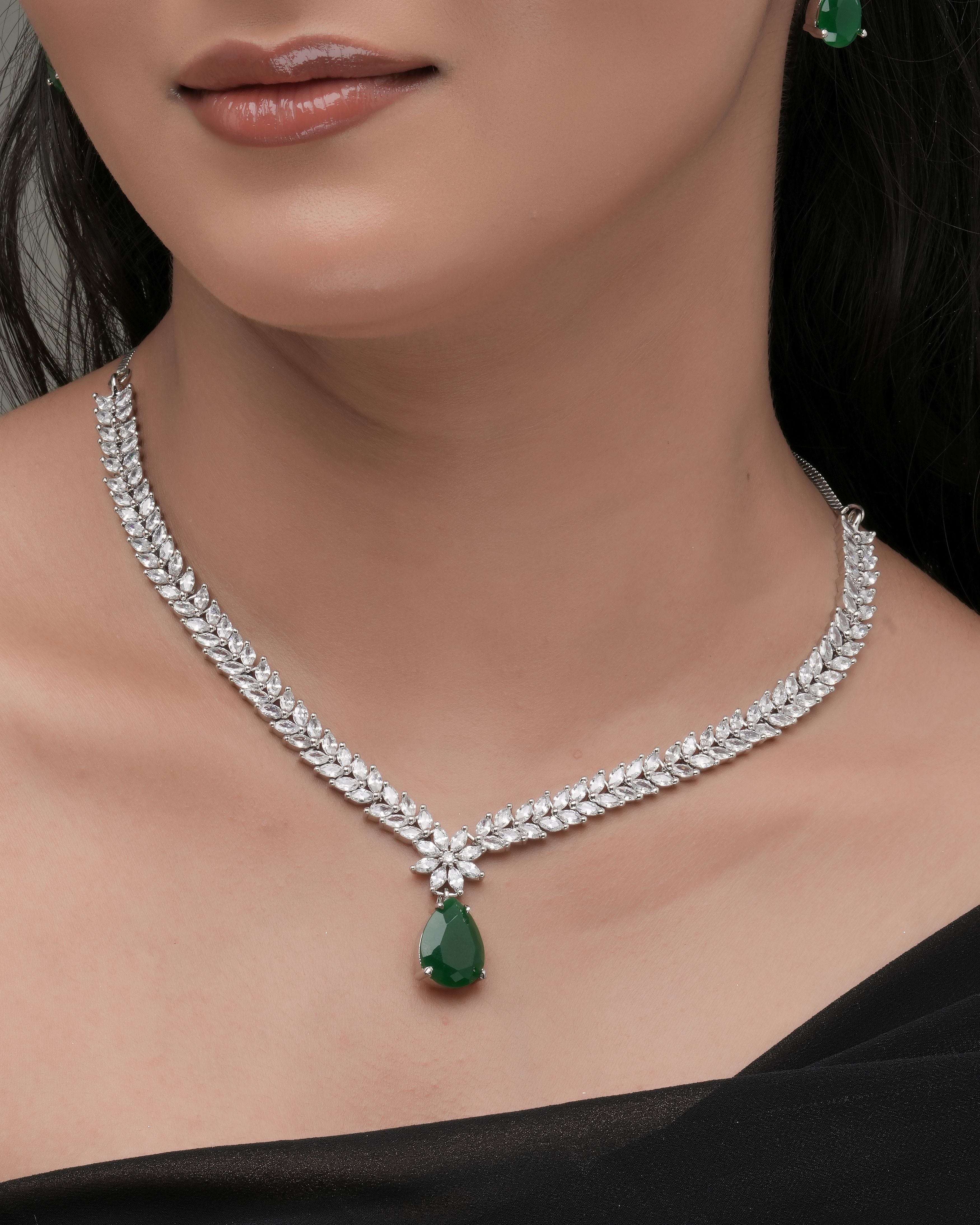 Interchangeable Emerald/Ruby/Sappire Blue/Crystal Elegance Necklace & Earrings Set
