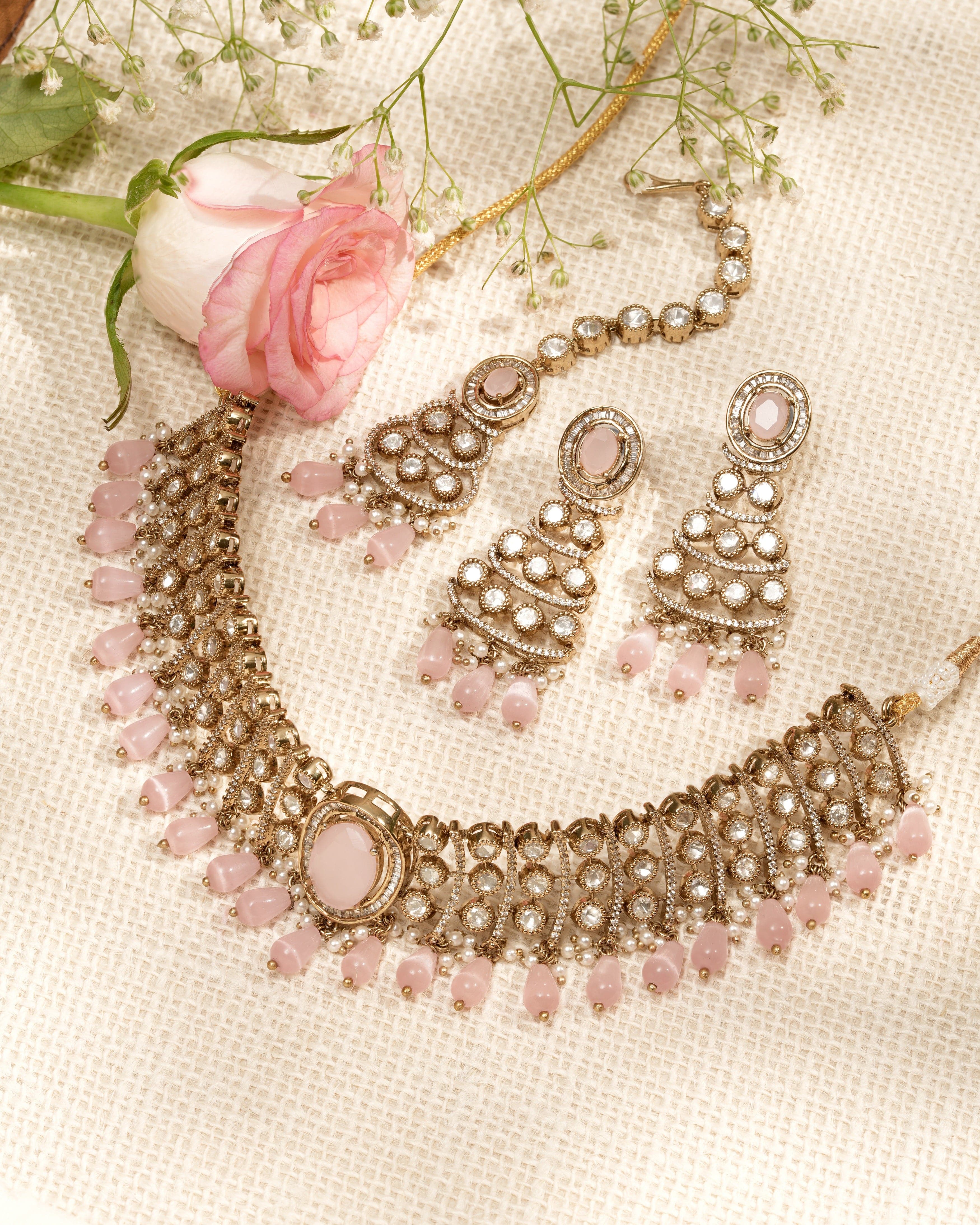 Rose Dewdrop  Mona Lisa Stone Moissanite  Choker Set with Maang Tikka