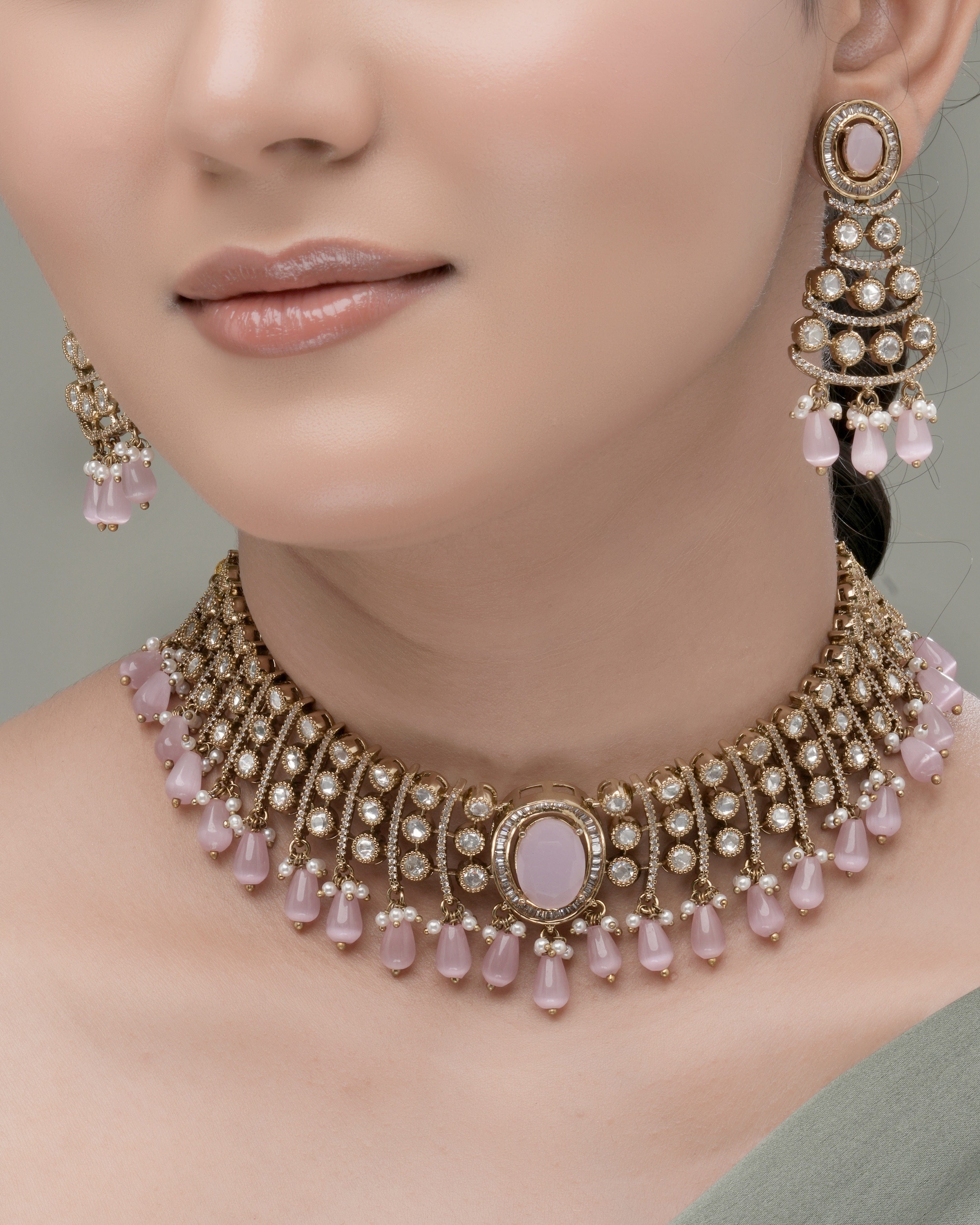Rose Dewdrop  Mona Lisa Stone Moissanite  Choker Set with Maang Tikka