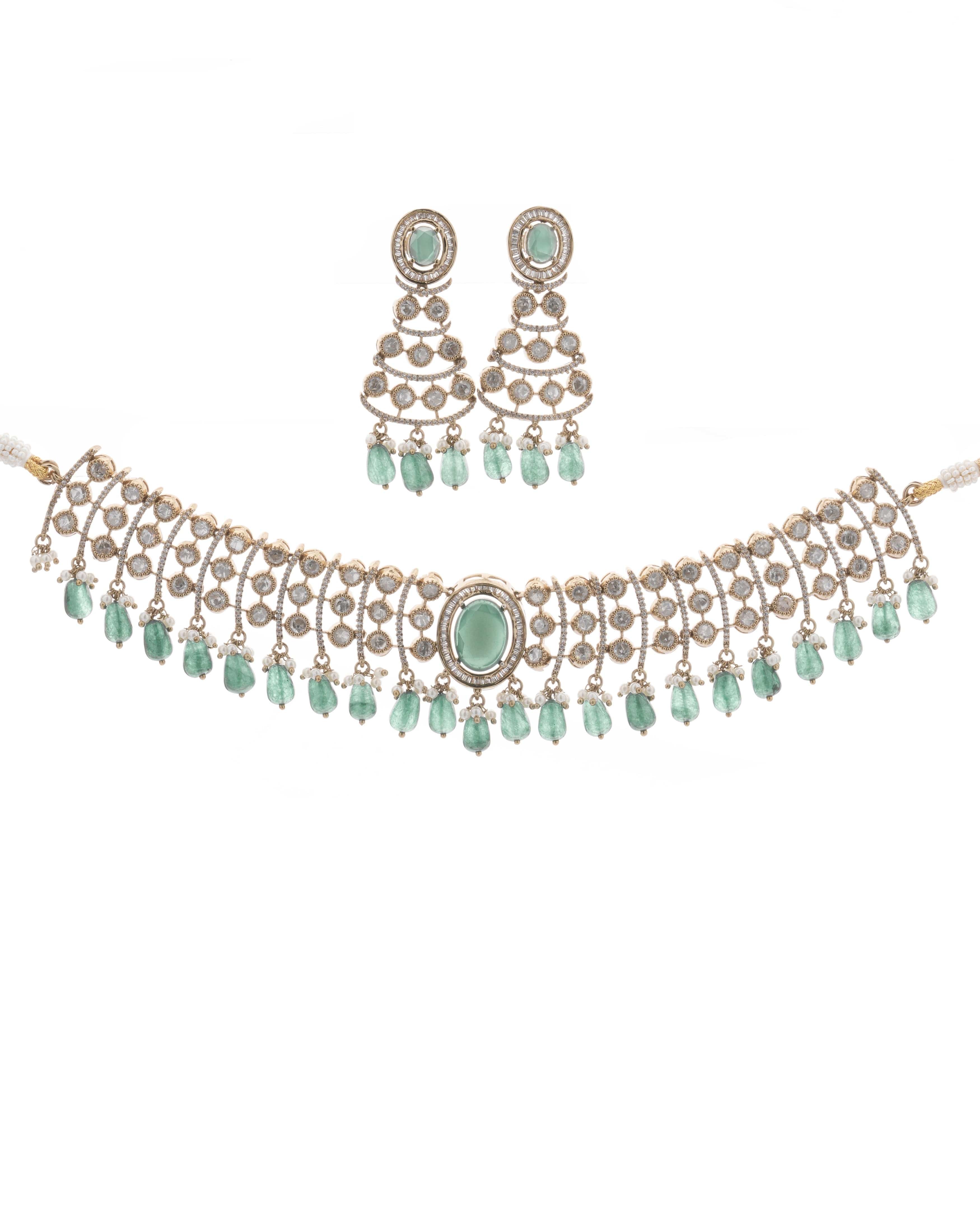 Rose Dewdrop  Mona Lisa Stone Moissanite  Choker Set with Maang Tikka