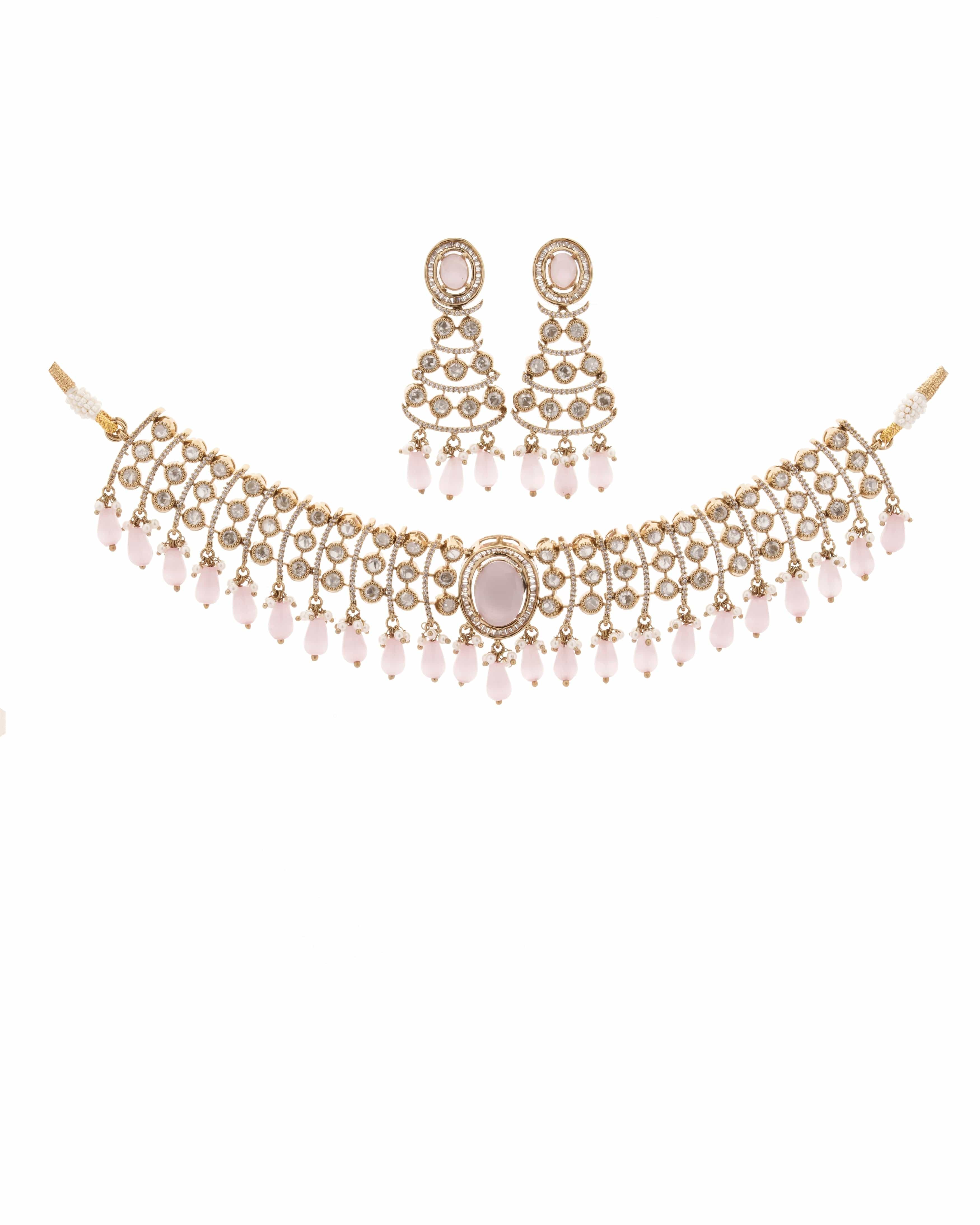 Rose Dewdrop  Mona Lisa Stone Moissanite  Choker Set with Maang Tikka