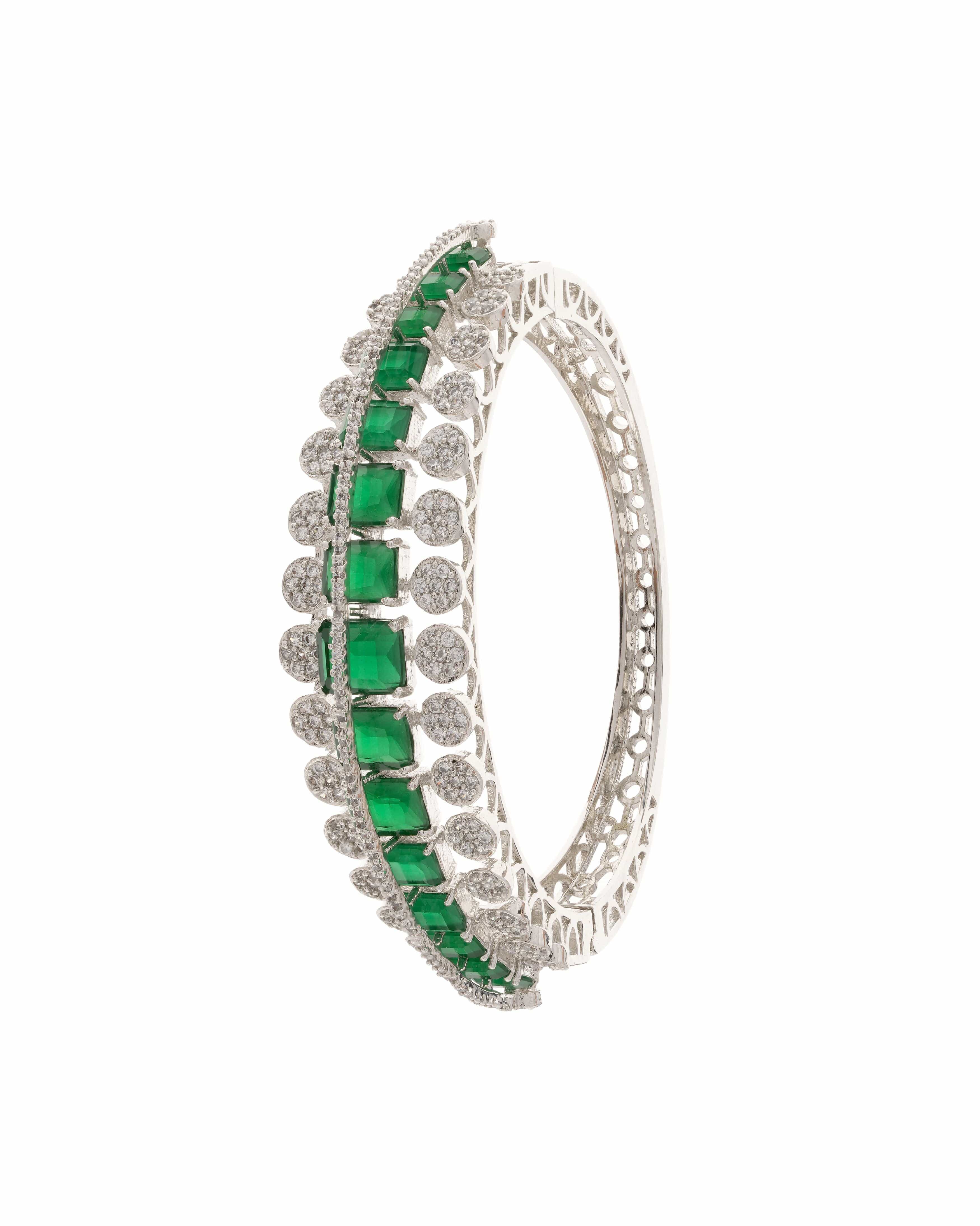 Elegant Radiance – Luxe Semi precious Emerald  Colored Stone Inlay Openable Braclet with CZ