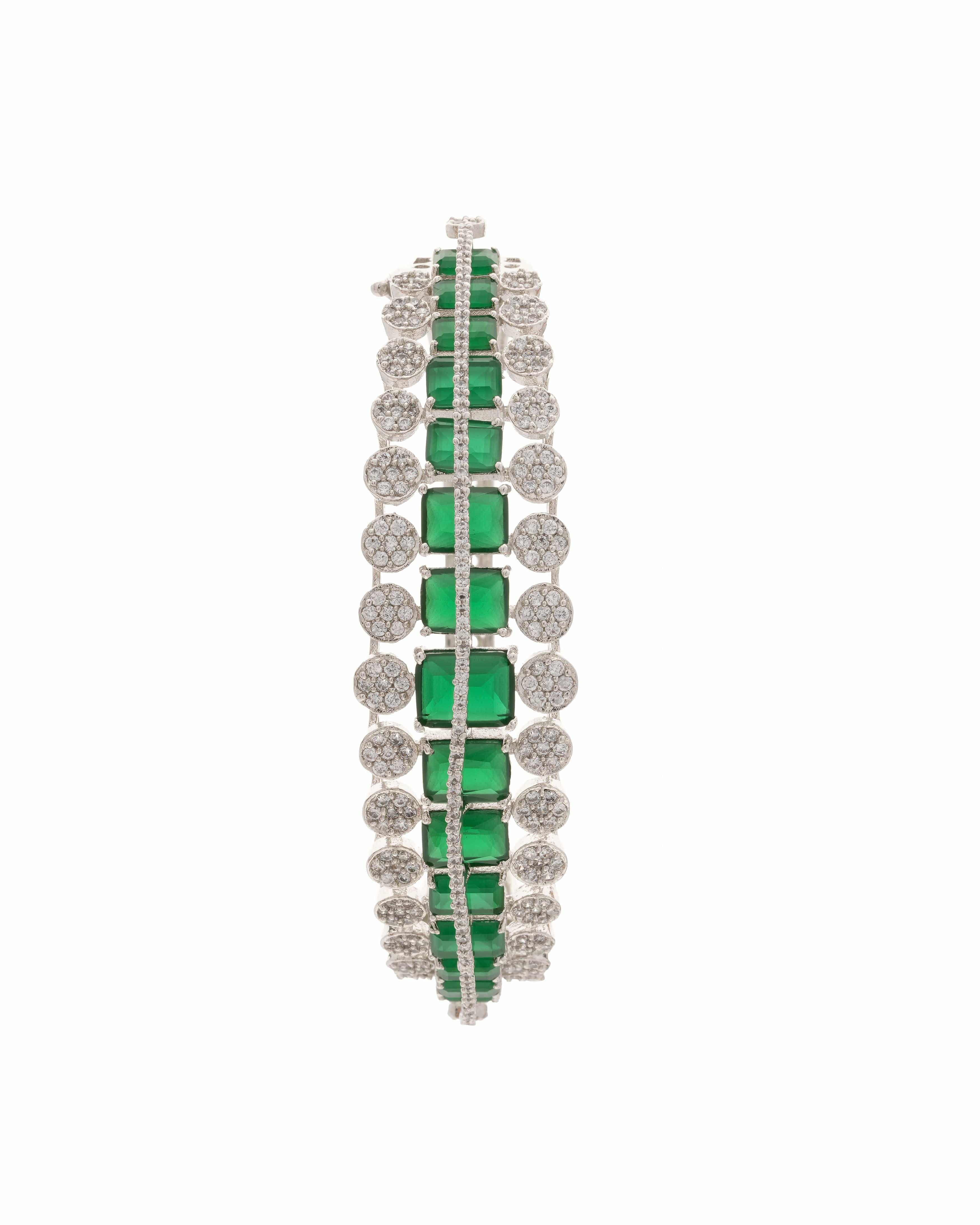 Elegant Radiance – Luxe Semi precious Emerald  Colored Stone Inlay Openable Braclet with CZ