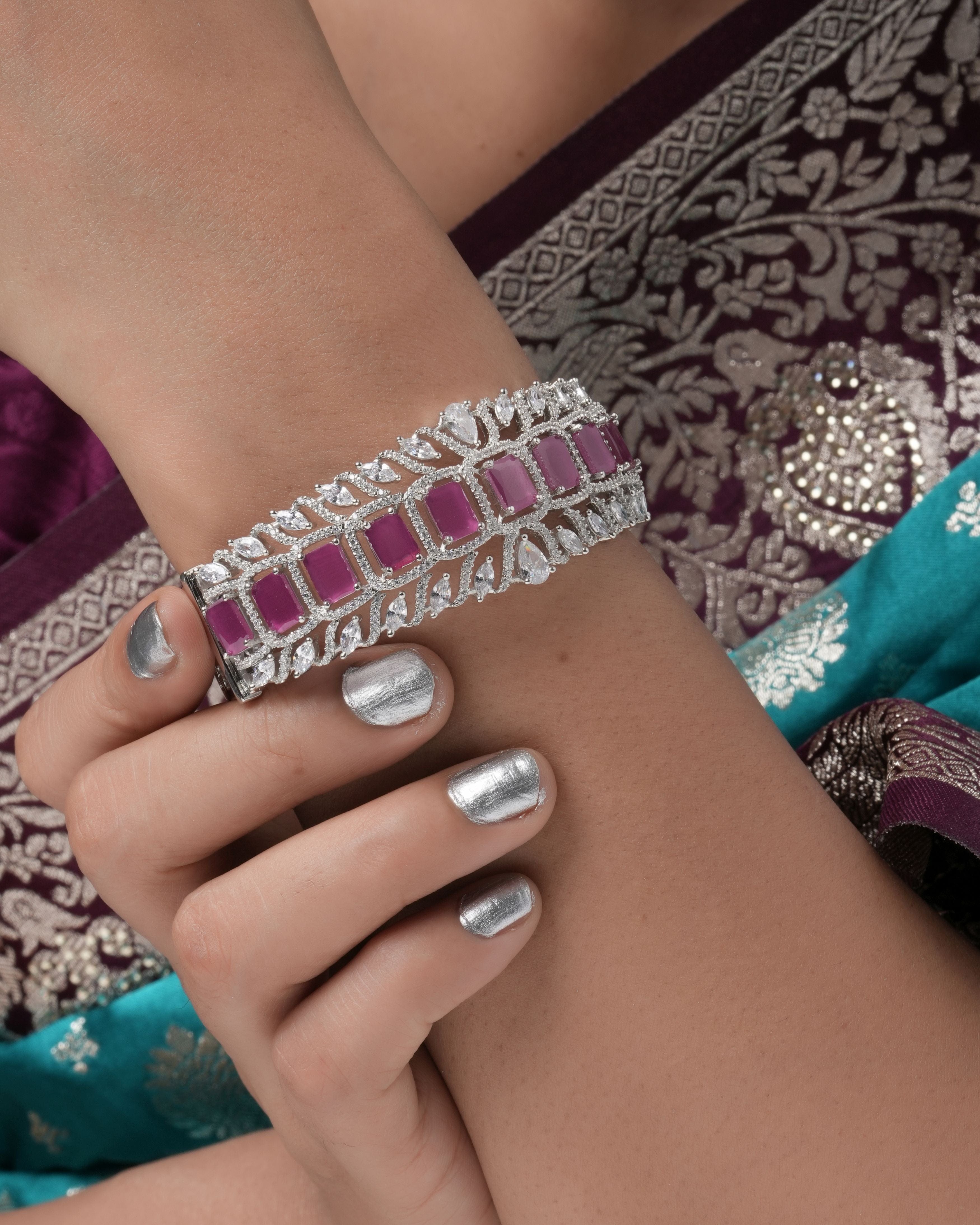 Statement Luxe Openable Bracelet  - Silver Finish with Semi Precious Runy/Dep Pink stones and CZ Accents