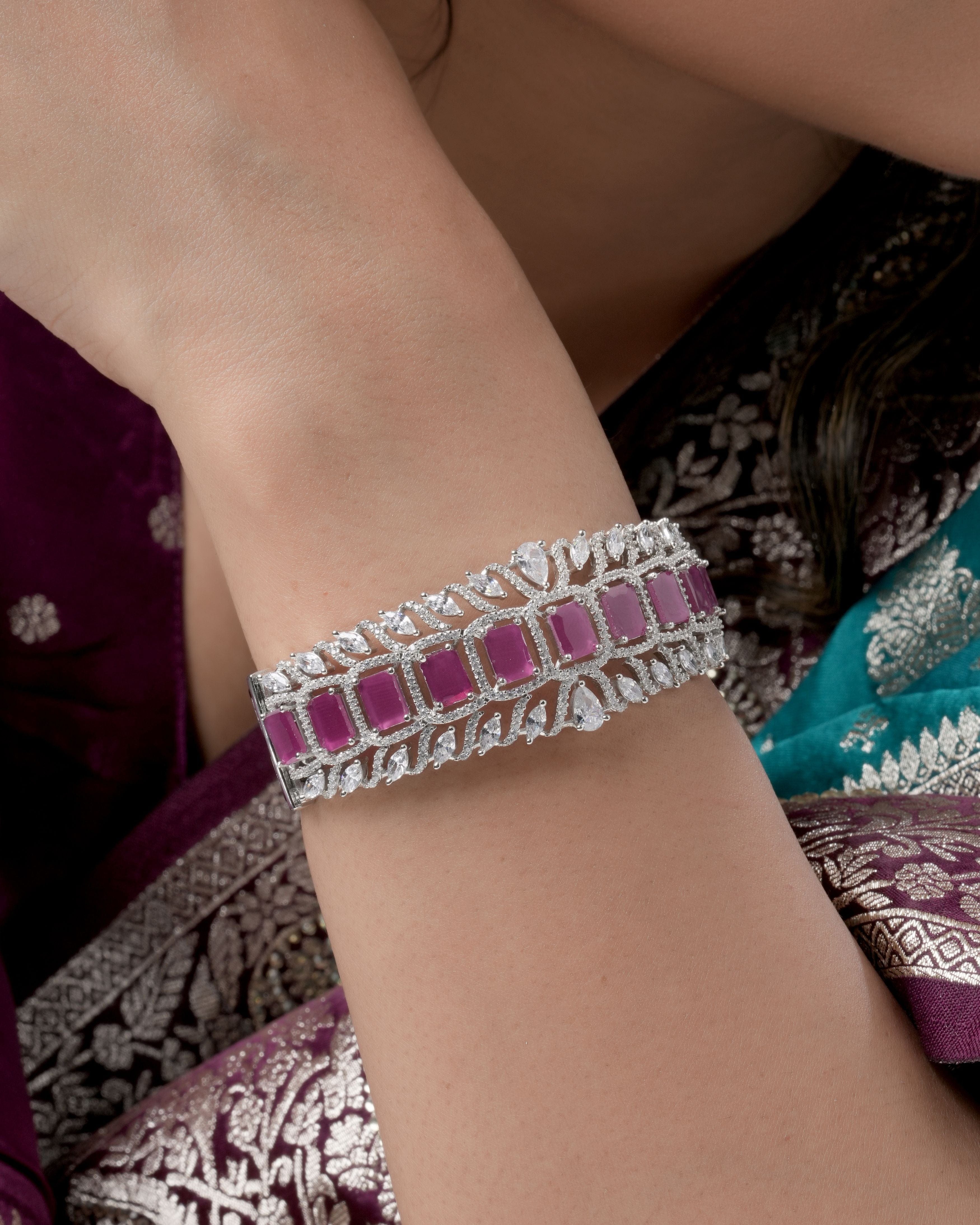 Statement Luxe Openable Bracelet  - Silver Finish with Semi Precious Runy/Dep Pink stones and CZ Accents