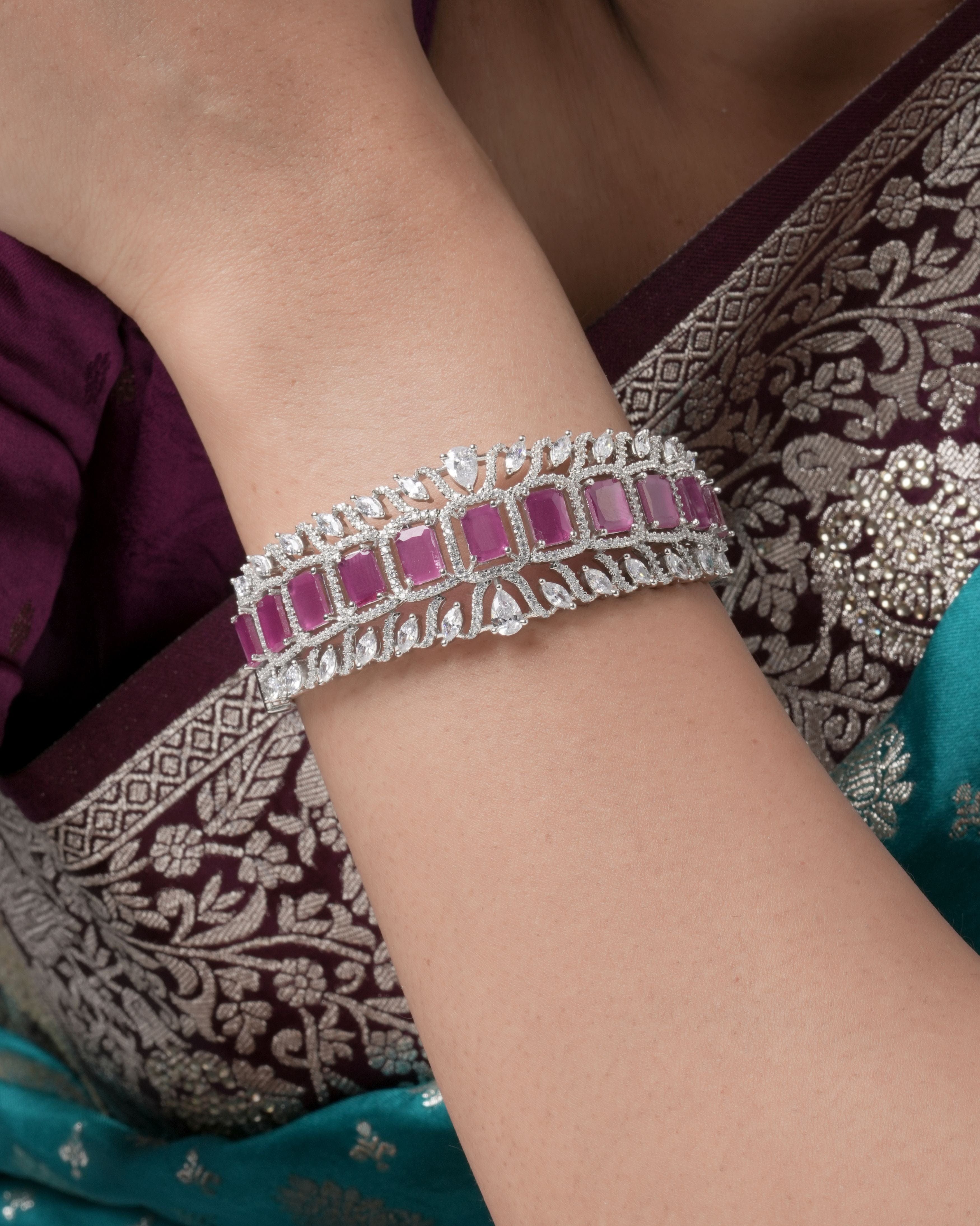 Statement Luxe Openable Bracelet  - Silver Finish with Semi Precious Runy/Dep Pink stones and CZ Accents