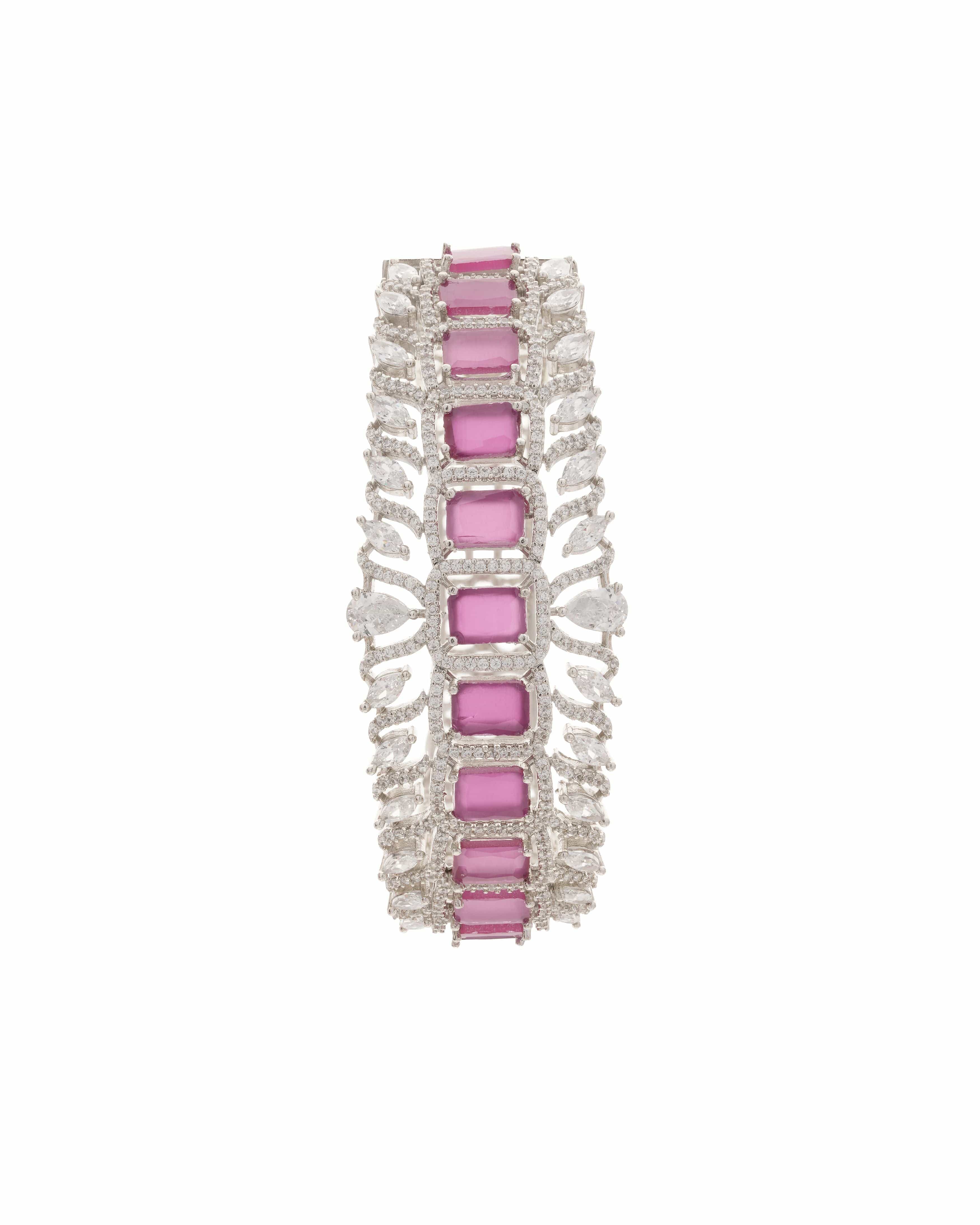 Statement Luxe Openable Bracelet  - Silver Finish with Semi Precious Runy/Dep Pink stones and CZ Accents
