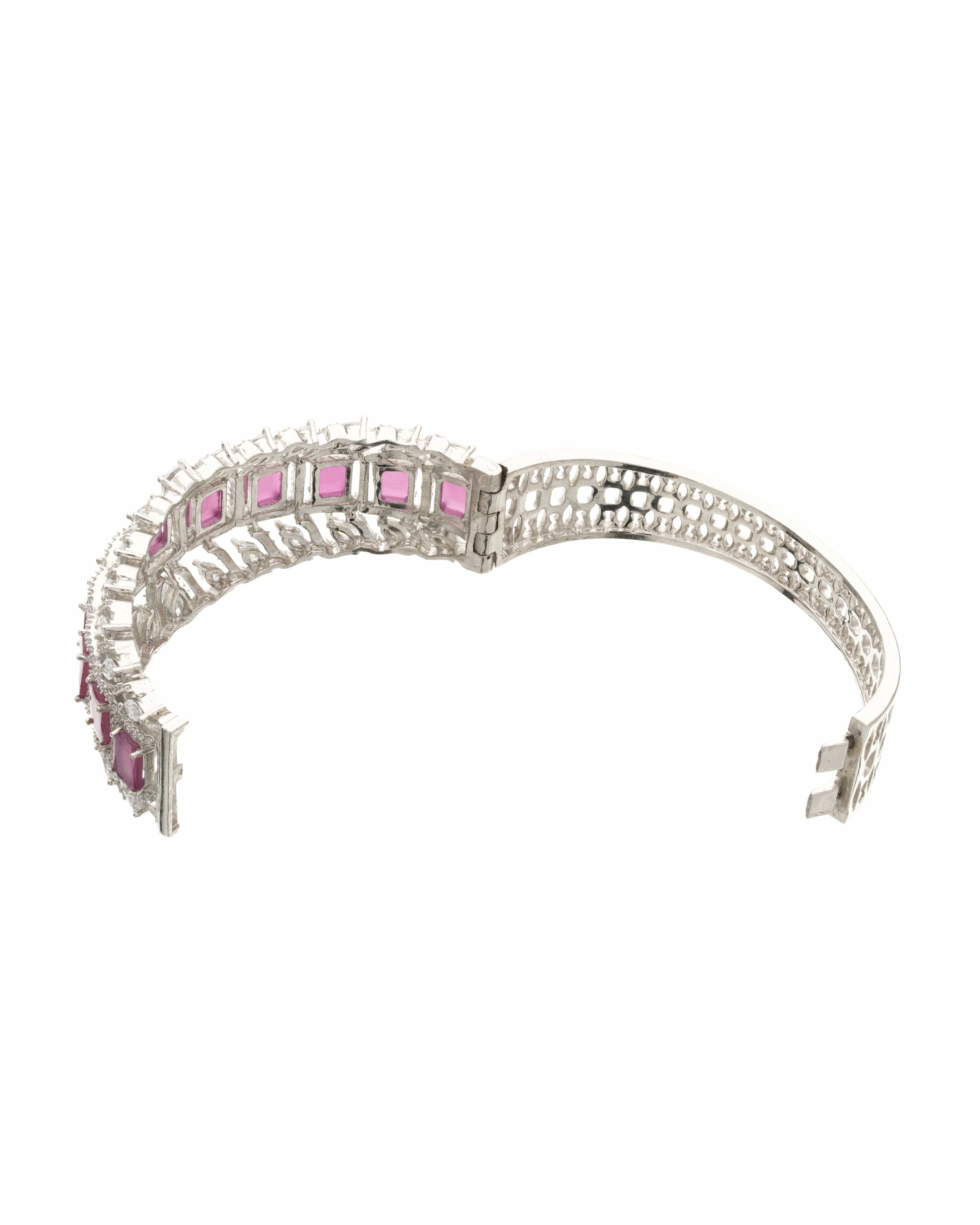 Statement Luxe Openable Bracelet  - Silver Finish with Semi Precious Runy/Dep Pink stones and CZ Accents