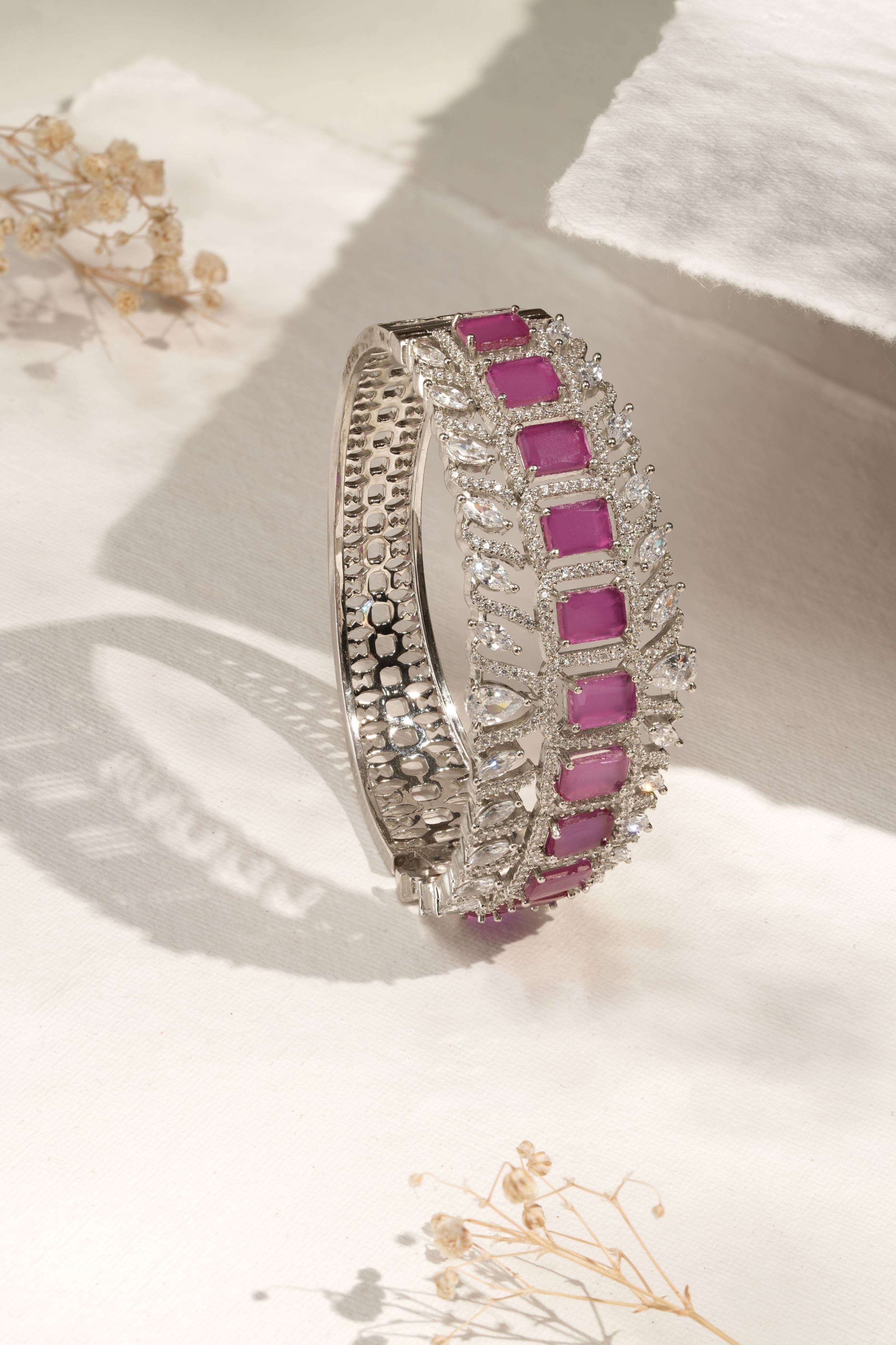 Statement Luxe Openable Bracelet  - Silver Finish with Semi Precious Runy/Dep Pink stones and CZ Accents