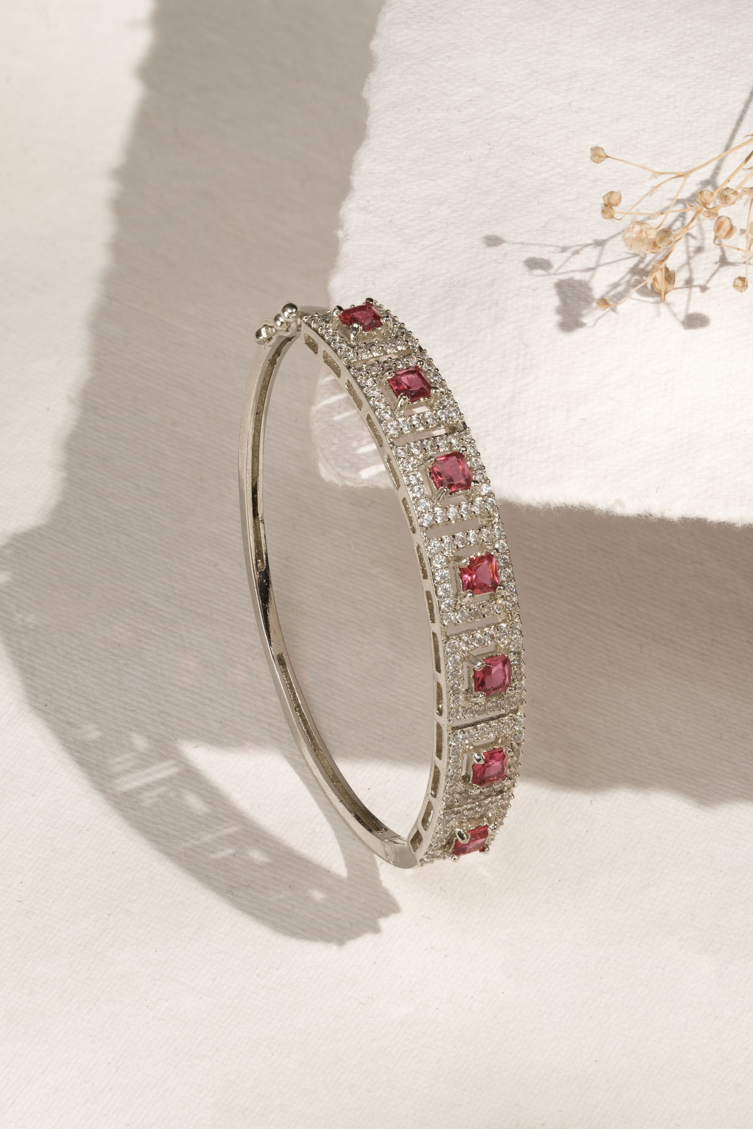 Elegant Luxe Silver-Tone Openable Bracelet  with semi precious Ruby and CZ  Stones