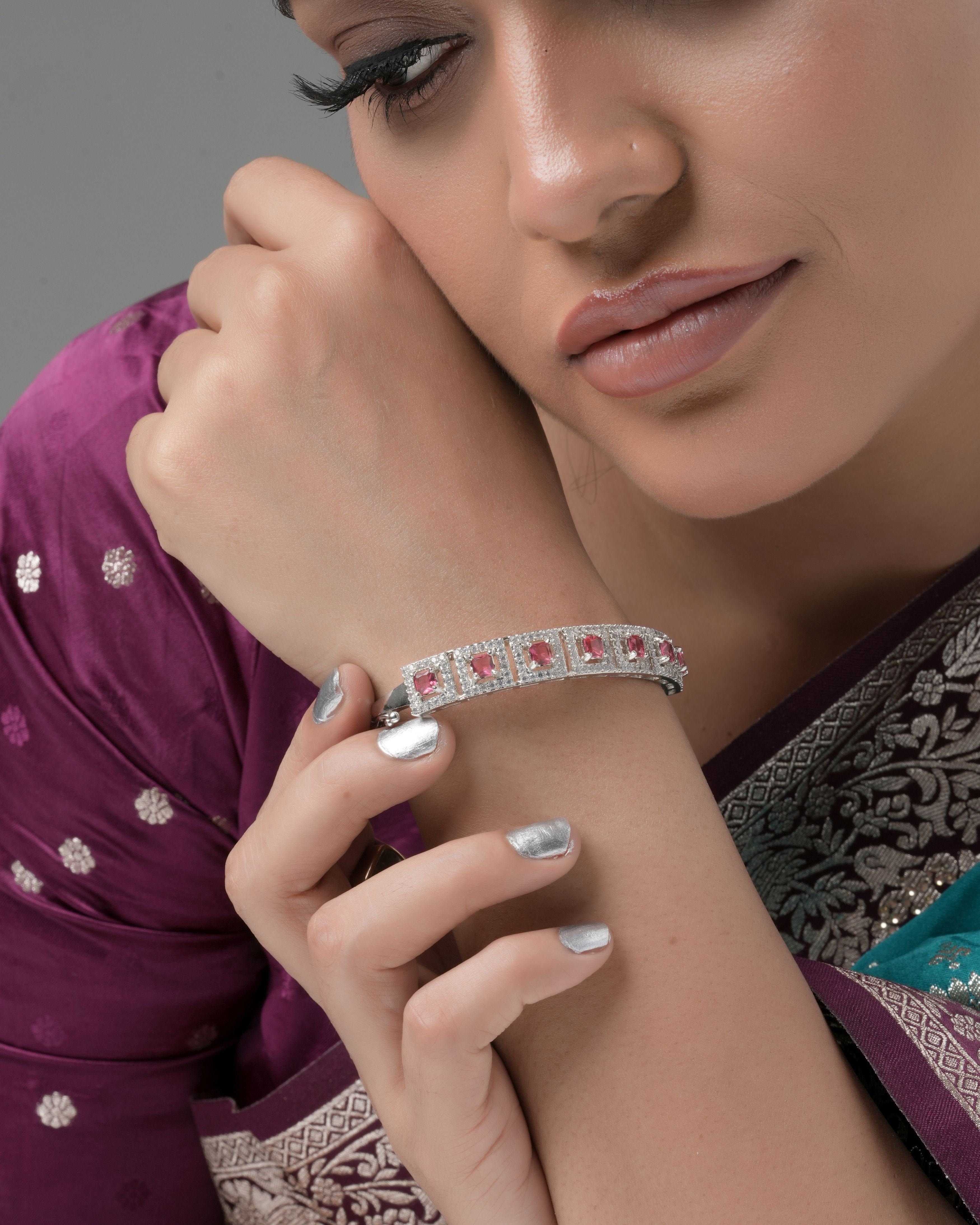 Elegant Luxe Silver-Tone Openable Bracelet  with semi precious Ruby and CZ  Stones