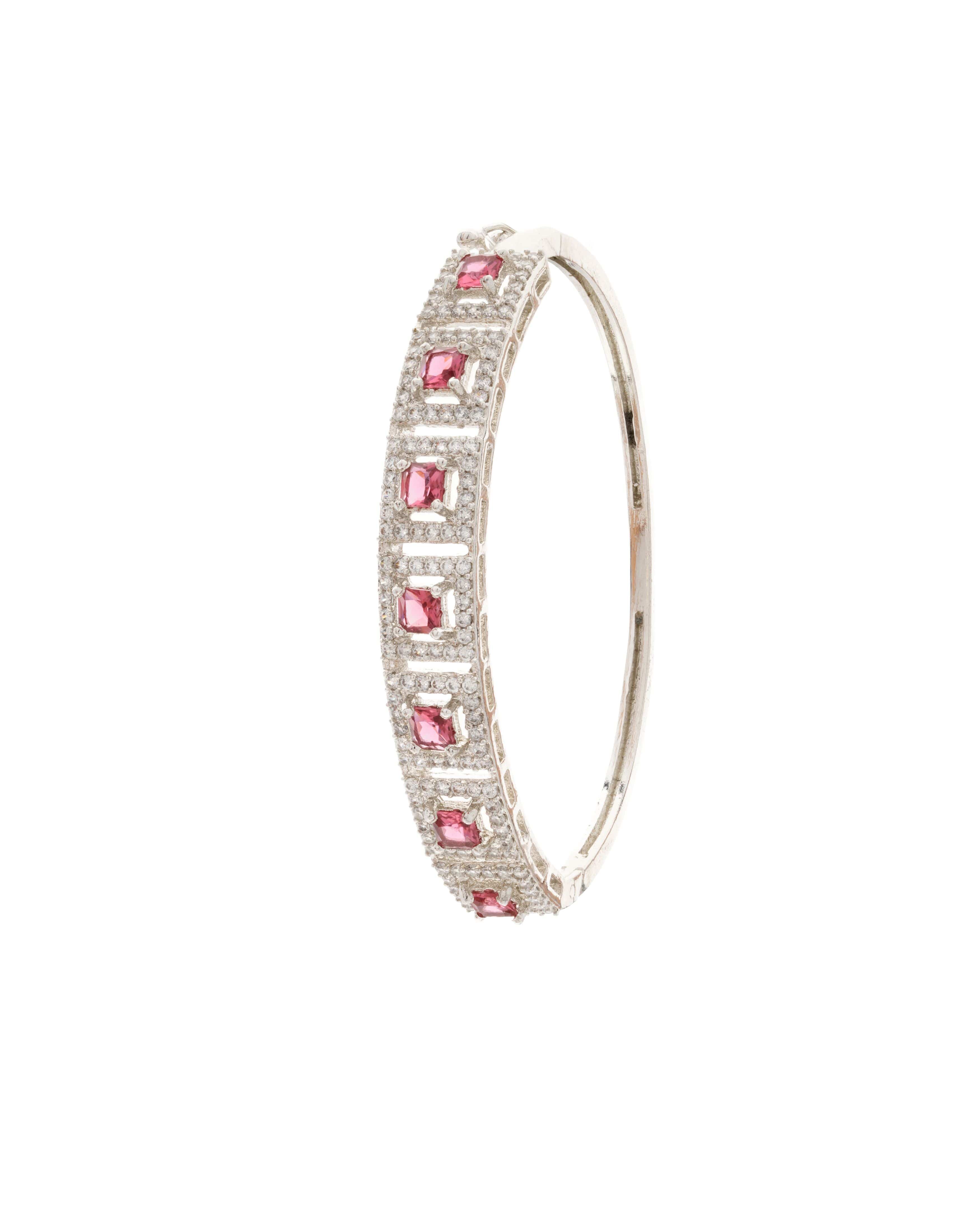 Elegant Luxe Silver-Tone Openable Bracelet  with semi precious Ruby and CZ  Stones