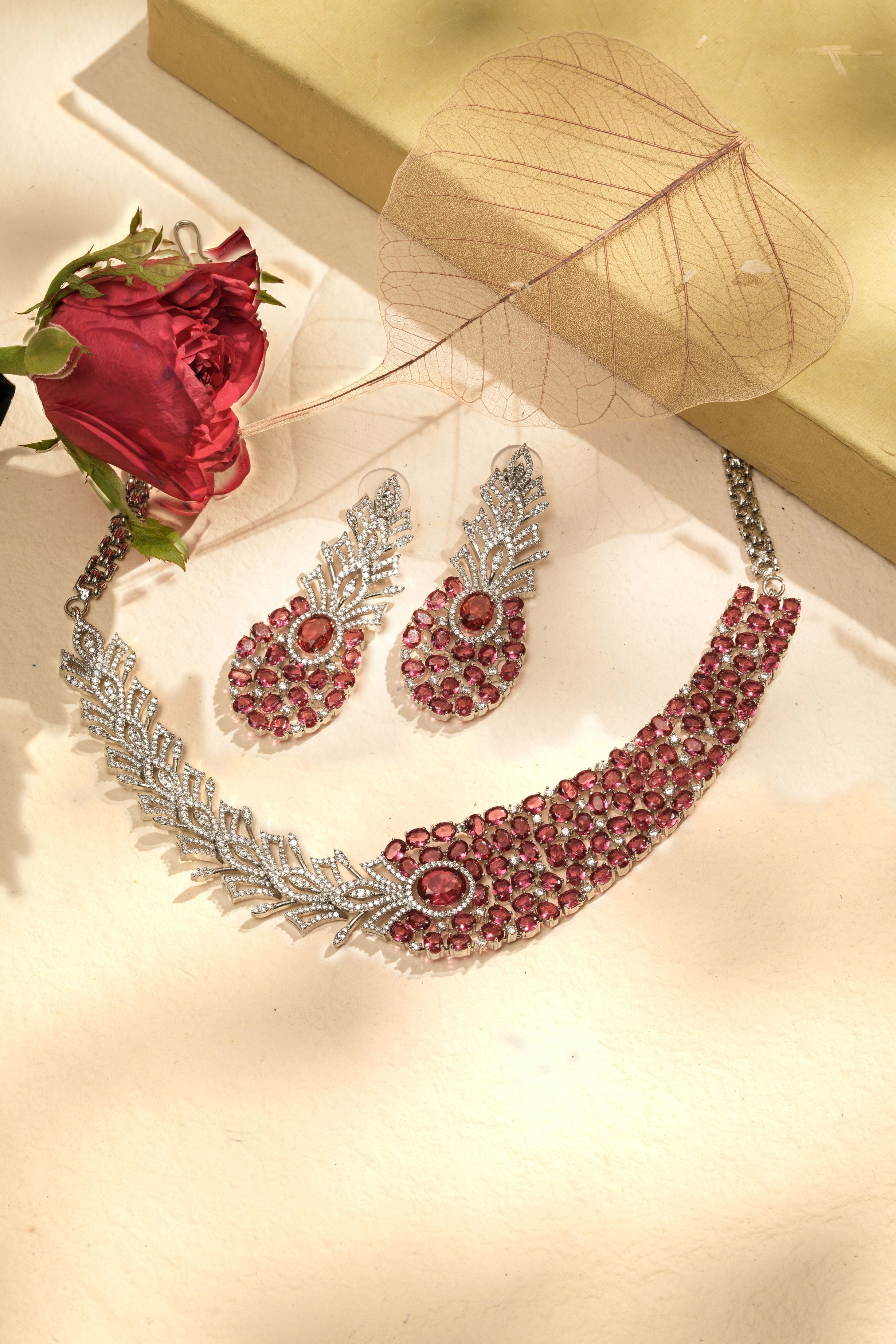 Crimson Cascade Crystal Collar – Silver Leaf Detail Choker